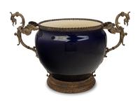 A French Gilt Metal Mounted Cobalt Glazed Pottery Jardinière