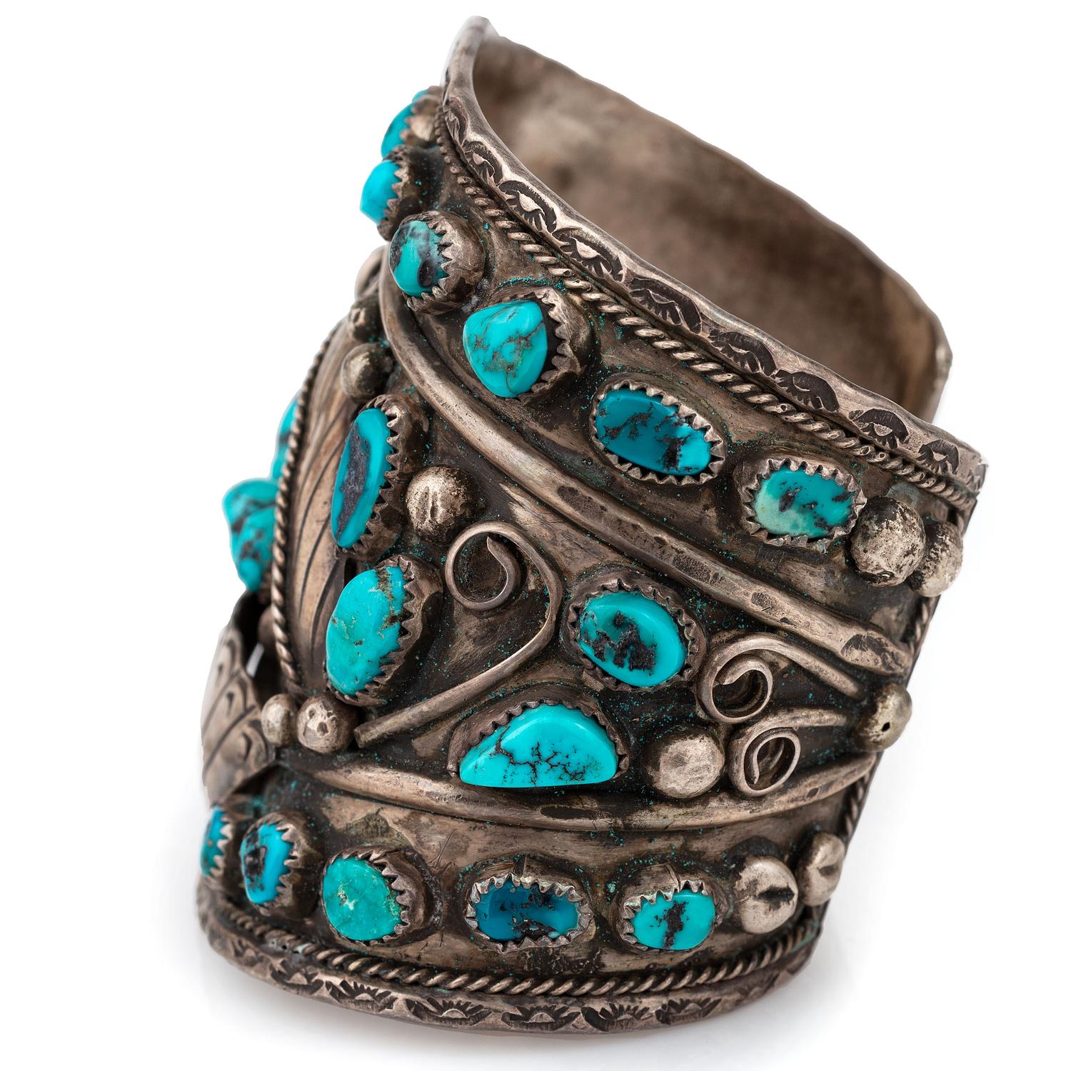 Wide Navajo Silver and Turquoise Cuff Bracelet