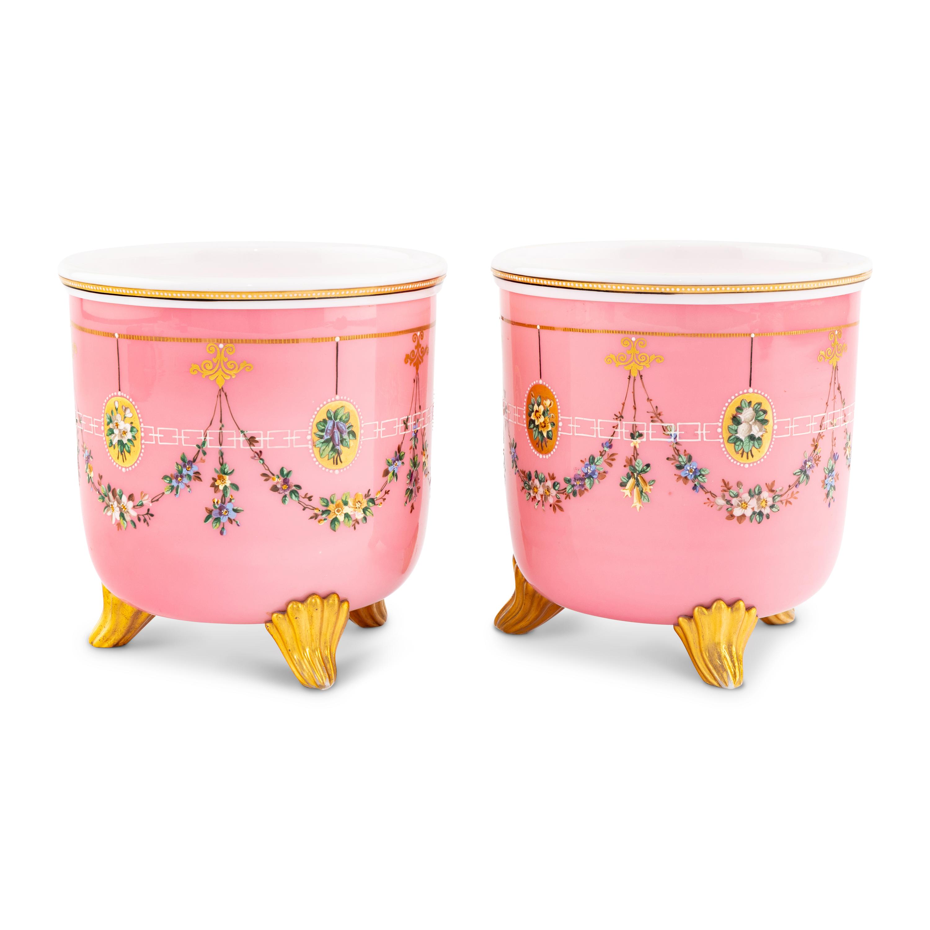 A Pair of French Opaline Glass and Enamel Cache Pots