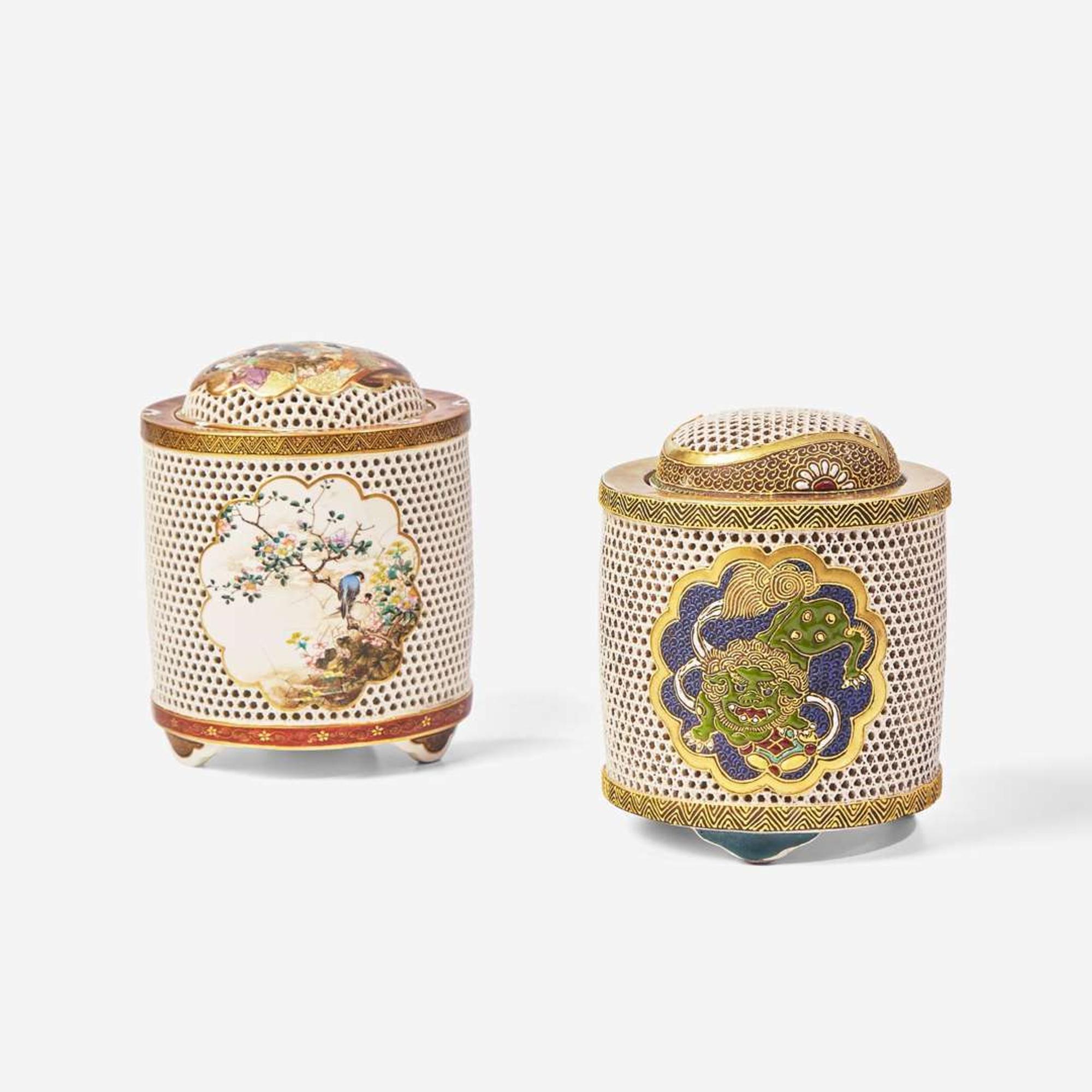A Satsuma type reticulated Koro, Ryozan; and another, unsigned 日本薩摩燒風格蓋盒一對 Meiji to Taisho period ?????