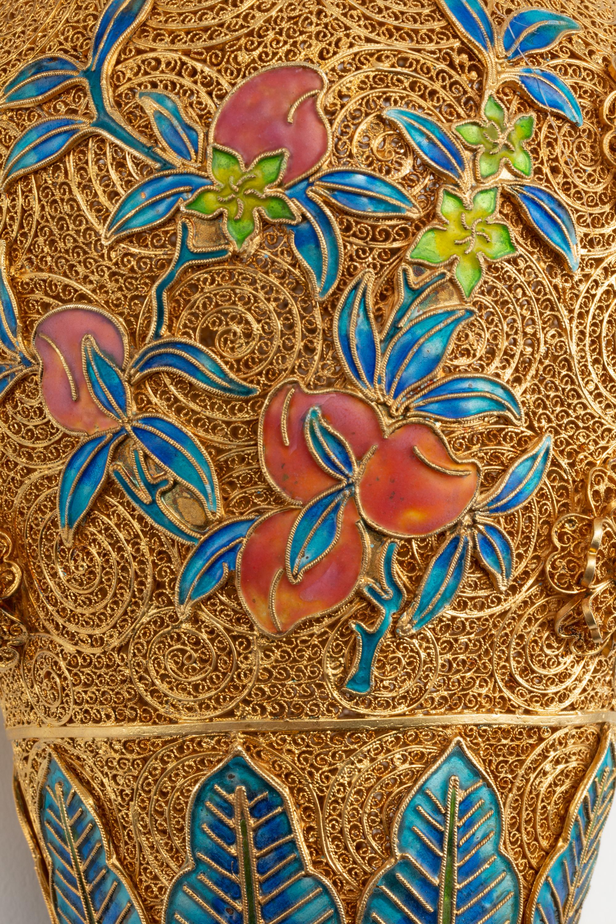 A Pair of Jeweled Silver-Gilt Filigree and Enamel Vases