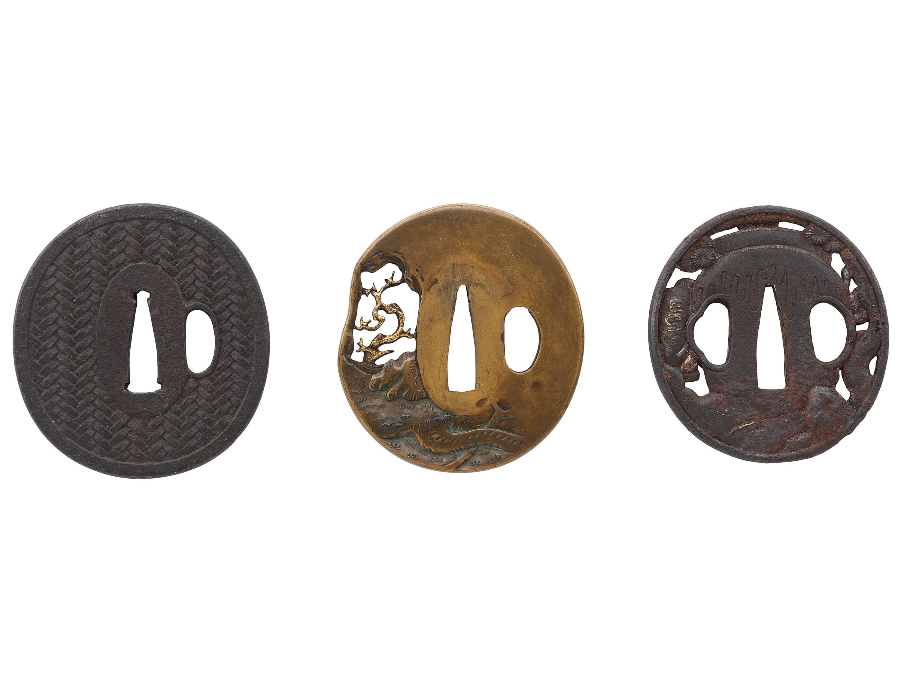 Lot of 3 Japanese Tsubas with Folkloric Motifs