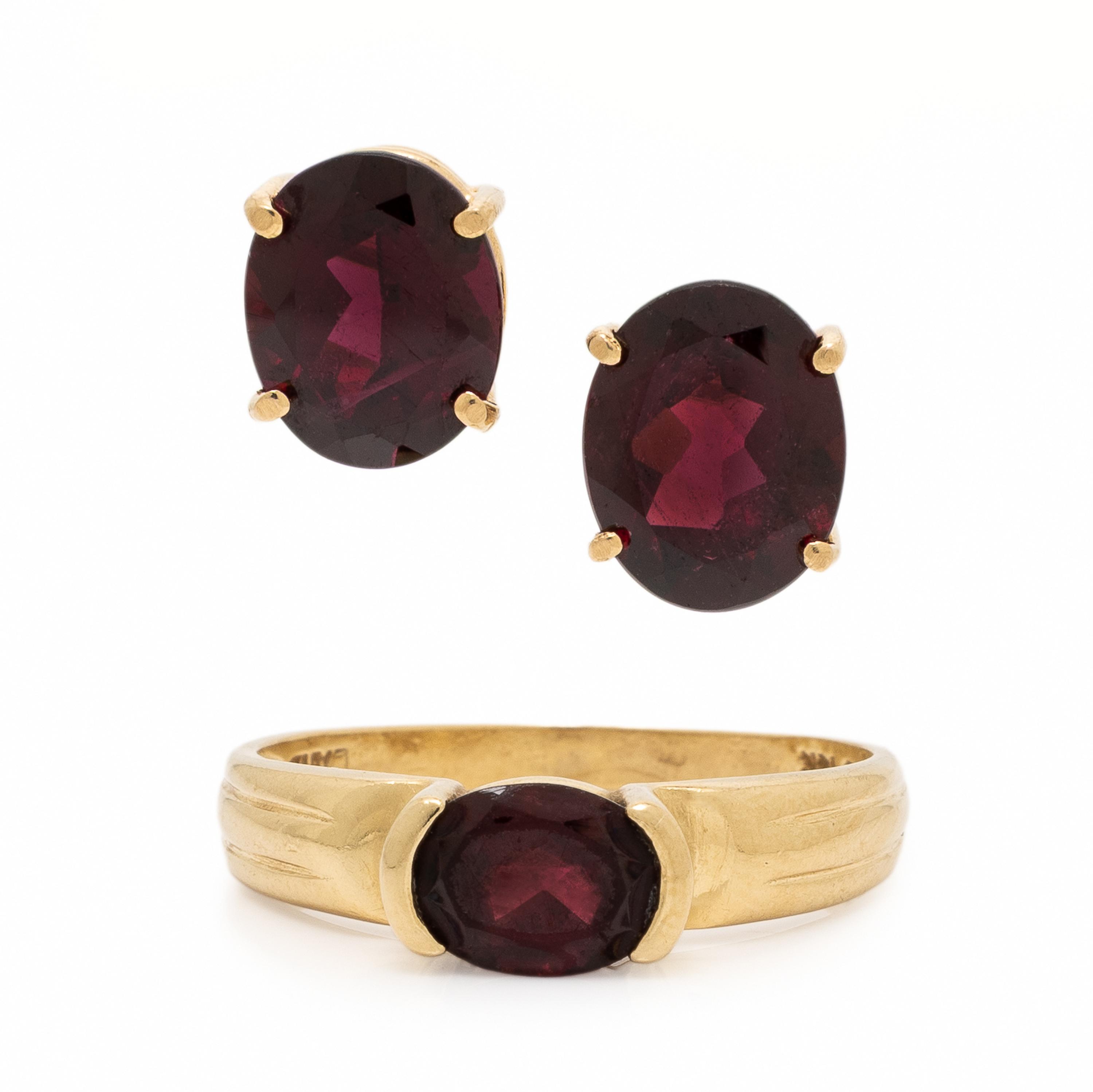 Garnet and Yellow Gold Earrings and Ring