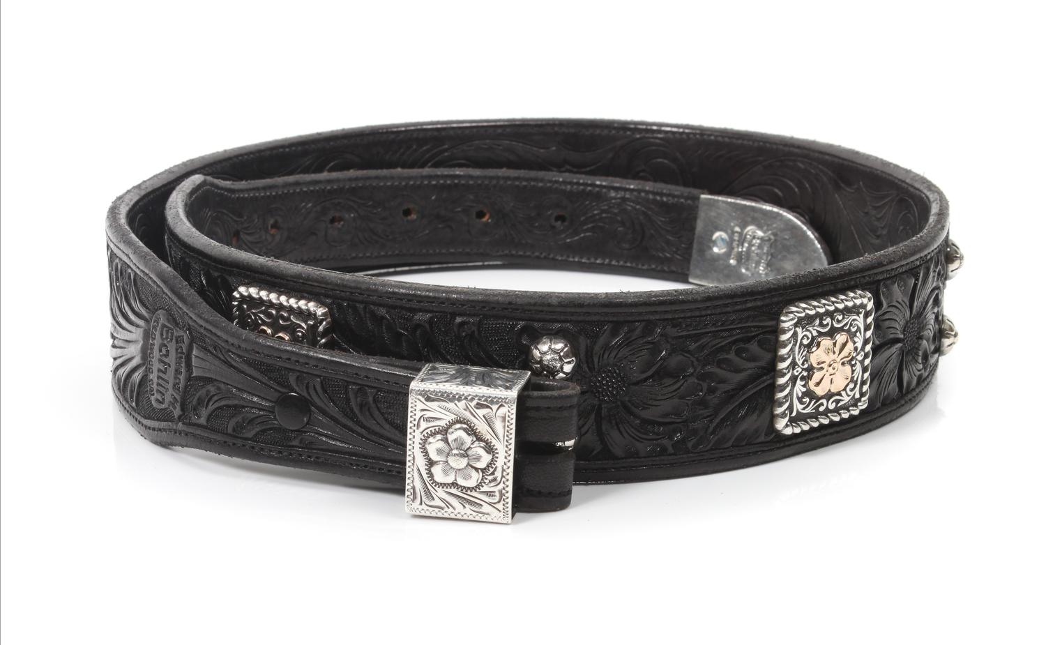 Edward H. Bohlin, Hollywood, CA Silver, Yellow Gold and Tooled Black Leather Belt With Tip and Keeper