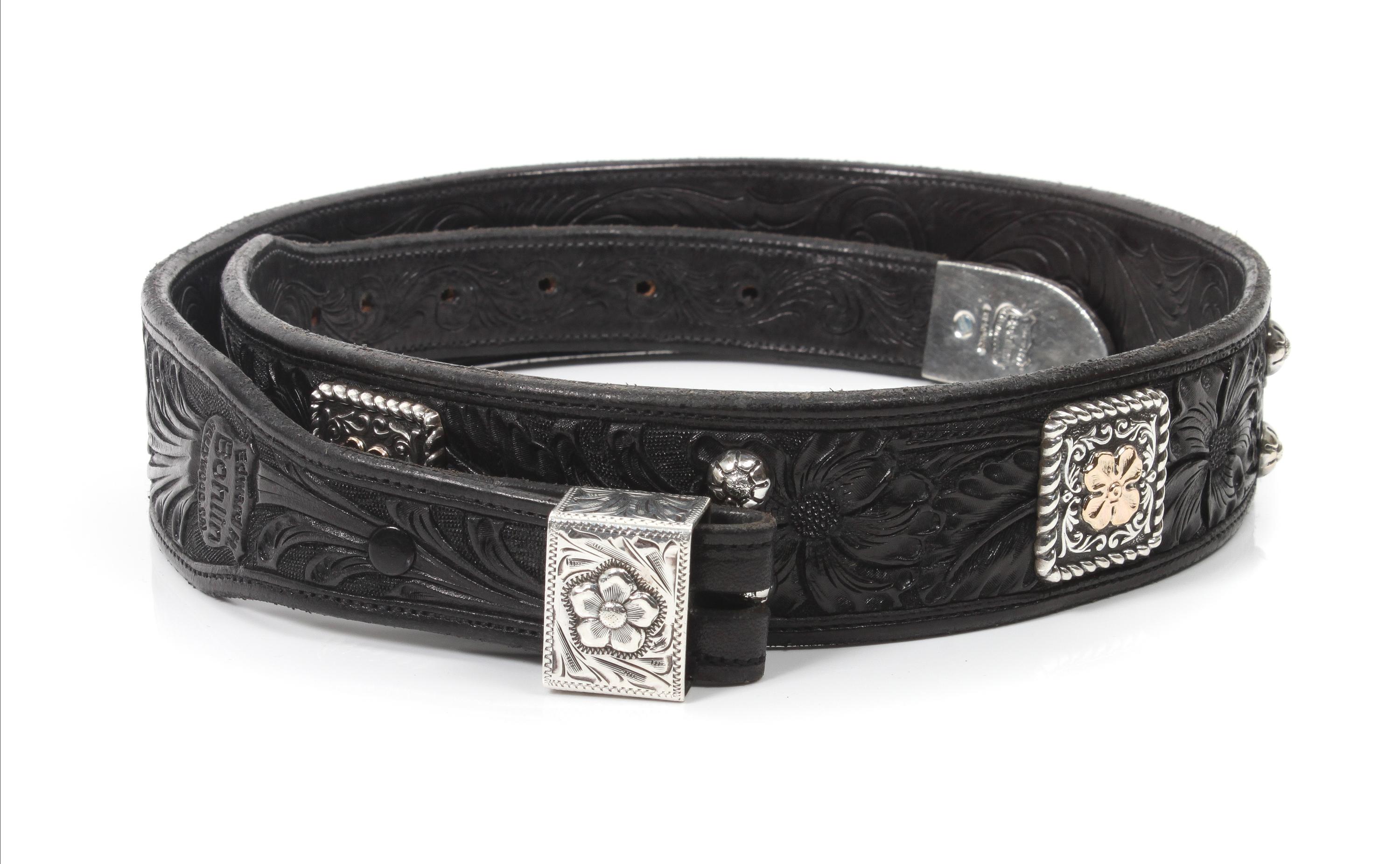 Edward H. Bohlin, Hollywood, CA Silver, Yellow Gold and Tooled Black Leather Belt With Tip and Keeper