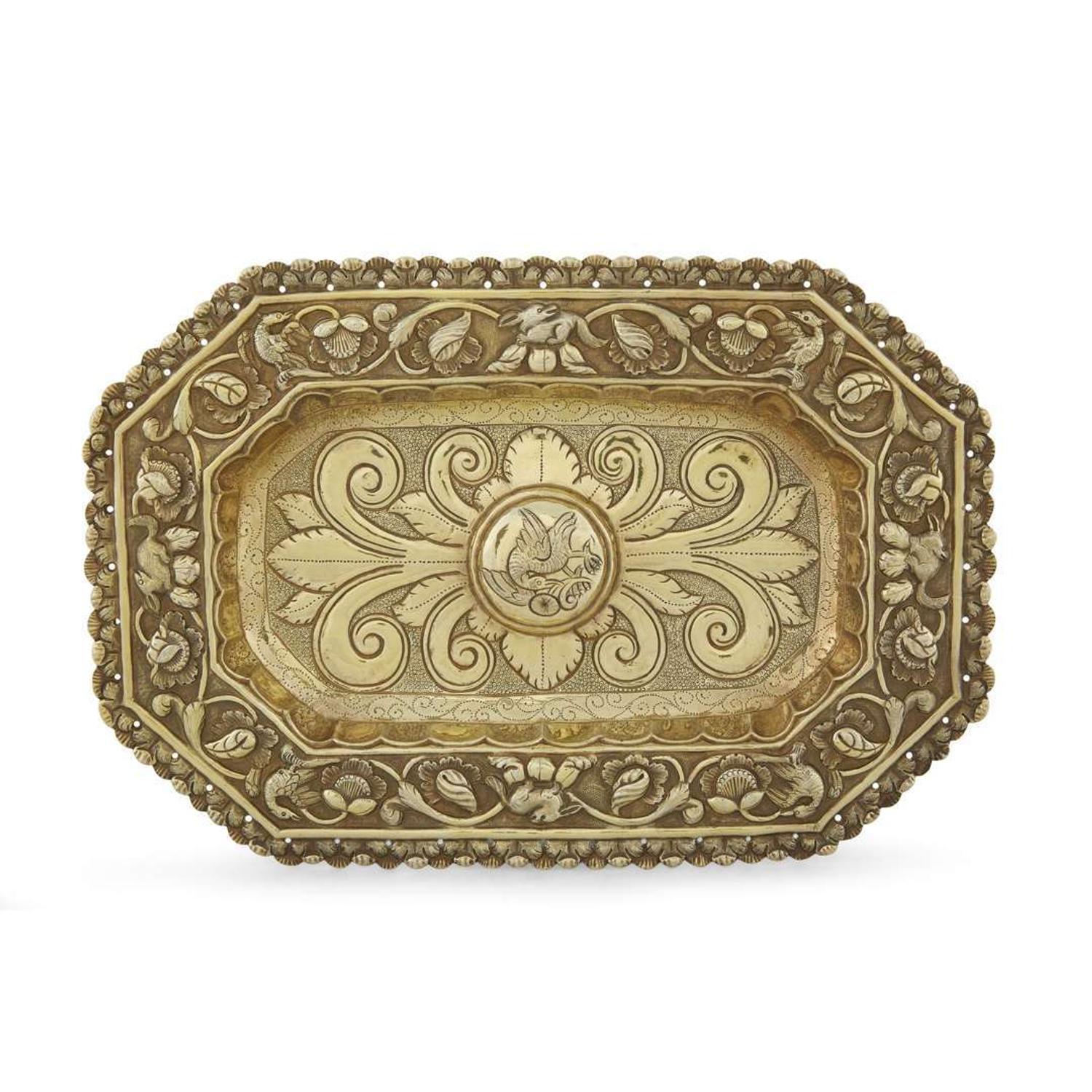Three Spanish Colonial silver repoussé rectangular sideboard dishes Possibly Potosi, Bolivia, early 18th century