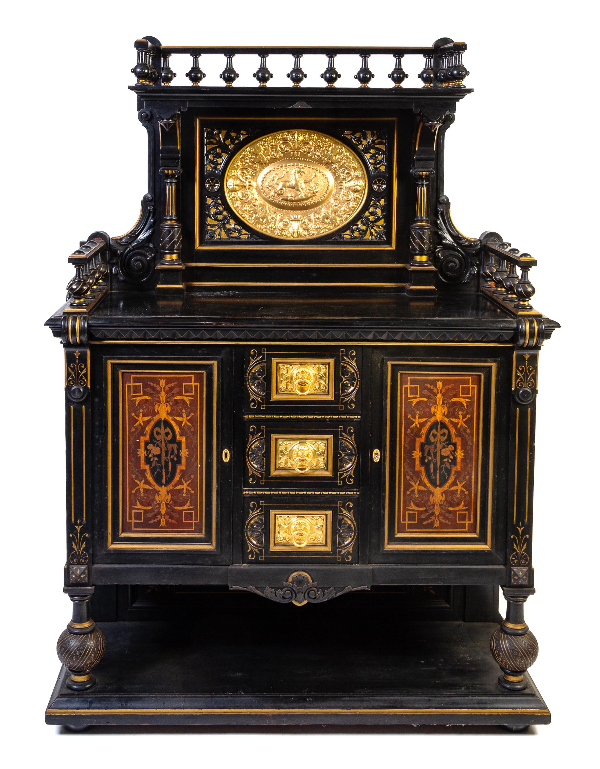 An American Aesthetic Movement Gilt Bronze Mounted Ebonized Server Height 73 x width 50 x depth 19 inches. — ATTRIBUTED TO KIMBEL & CABUS, NEW YORK, LATE 19TH CENTURY