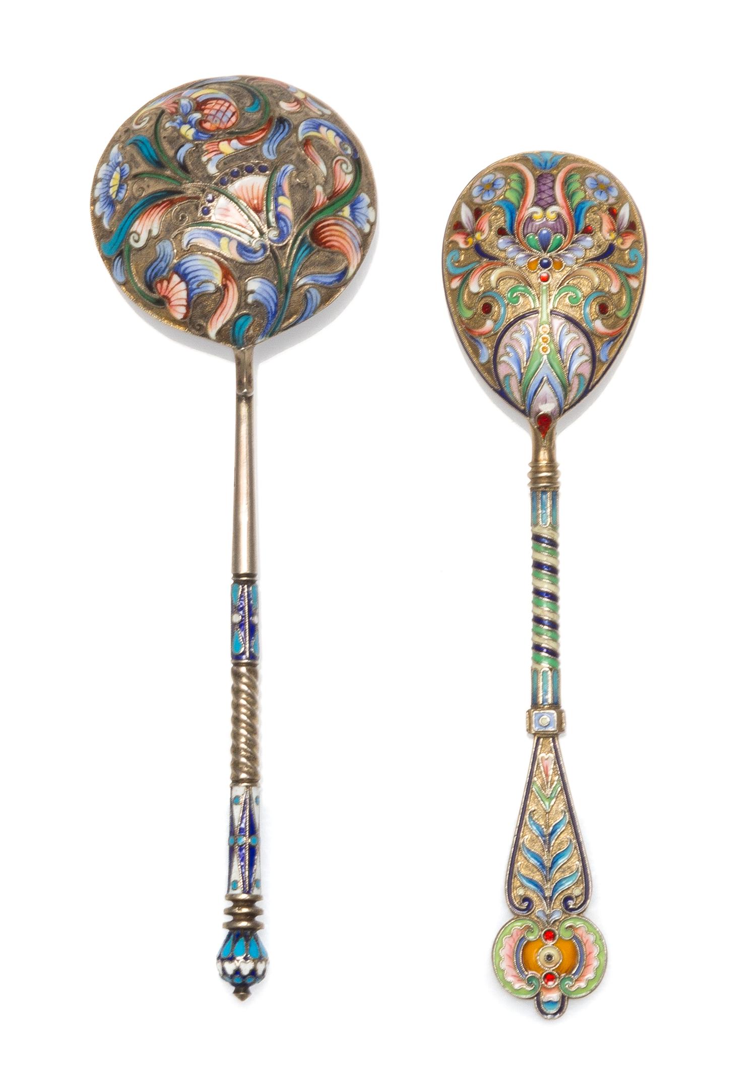 Two Russian Silver-Gilt and Enamel Spoons, Maker's marks obscured, Moscow, early 20th century, each having a polychrome enamel handle a