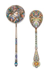 Two Russian Silver-Gilt and Enamel Spoons, Maker's marks obscured, Moscow, early 20th century, each having a polychrome enamel handle a