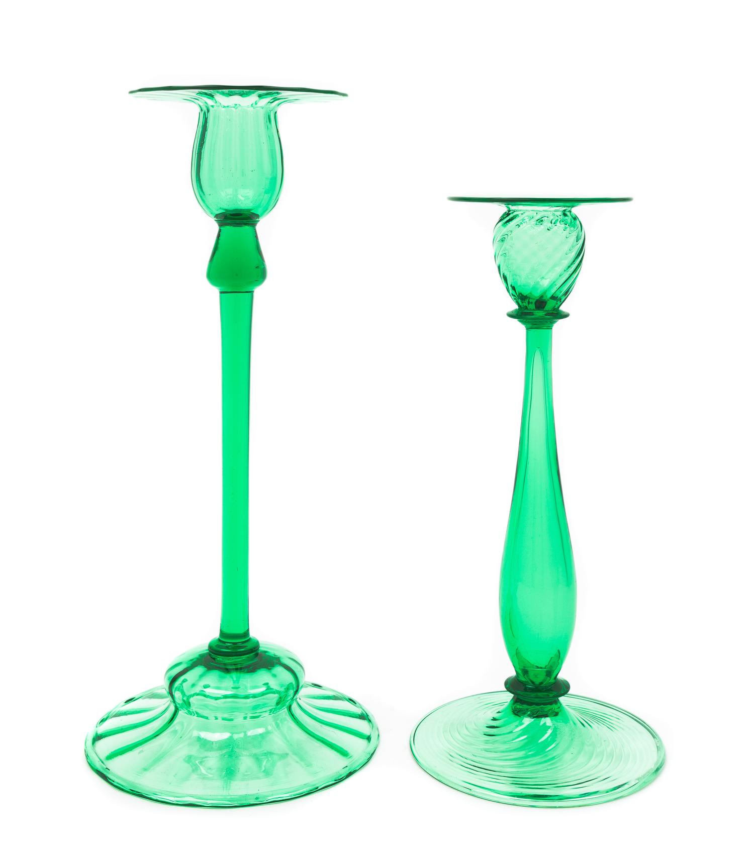 Steuben, 20TH CENTURY, two pomona green glass candlestick holders