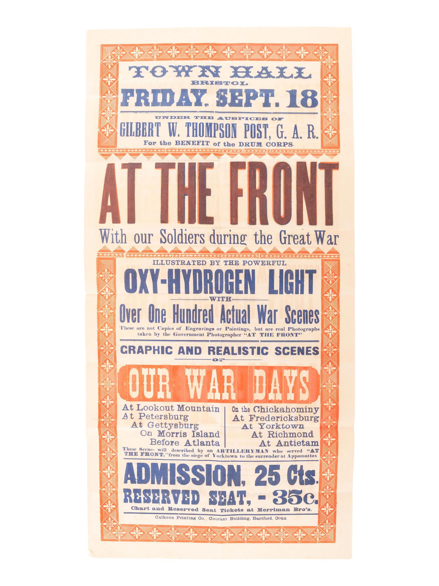[CIVIL WAR - GAR]. At the Front / With our Soldiers during the Great War . Hartford, CT: Calhoun Printing Co., n.d.
