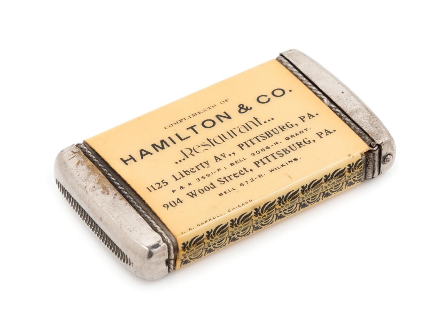 An American Celluloid and Mixed Metal Advertisement Match Safe Height 2 3/4 inches. — EARLY 20TH CENTURY
