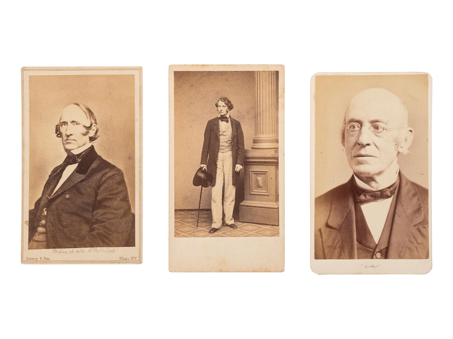 [ENSLAVEMENT & ABOLITION]. A group of photographs and other items related to abolitionist figures incl. Wendell PHILLIPS (1811-1884) and Charles SUMNER (1811-1874).