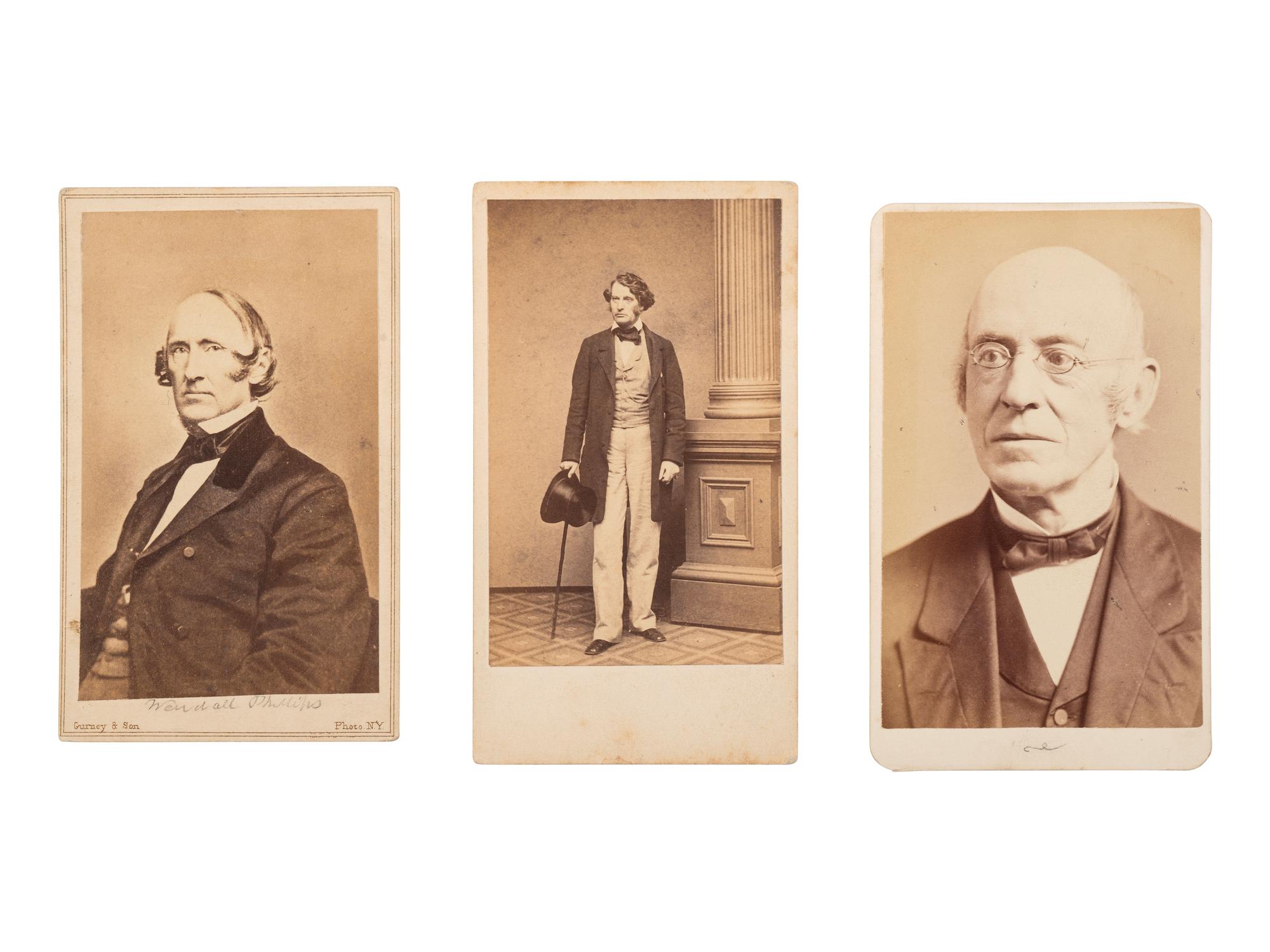 [ENSLAVEMENT & ABOLITION]. A group of photographs and other items related to abolitionist figures incl. Wendell PHILLIPS (1811-1884) and Charles SUMNER (1811-1874).