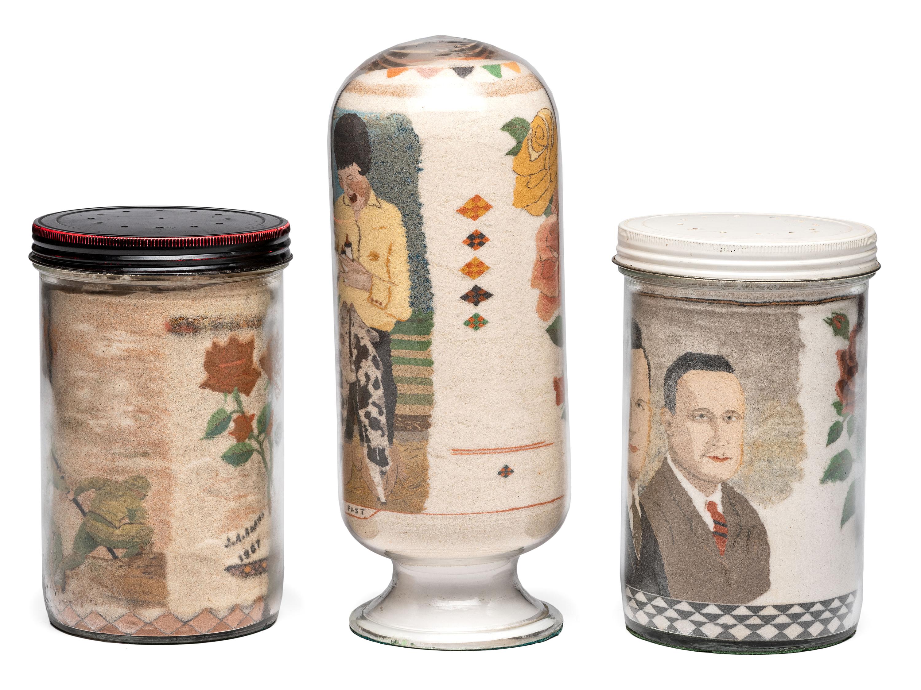 A Collection of John A. Adams Sand Art Bottles, Along with Custom Box and Unused Bottle