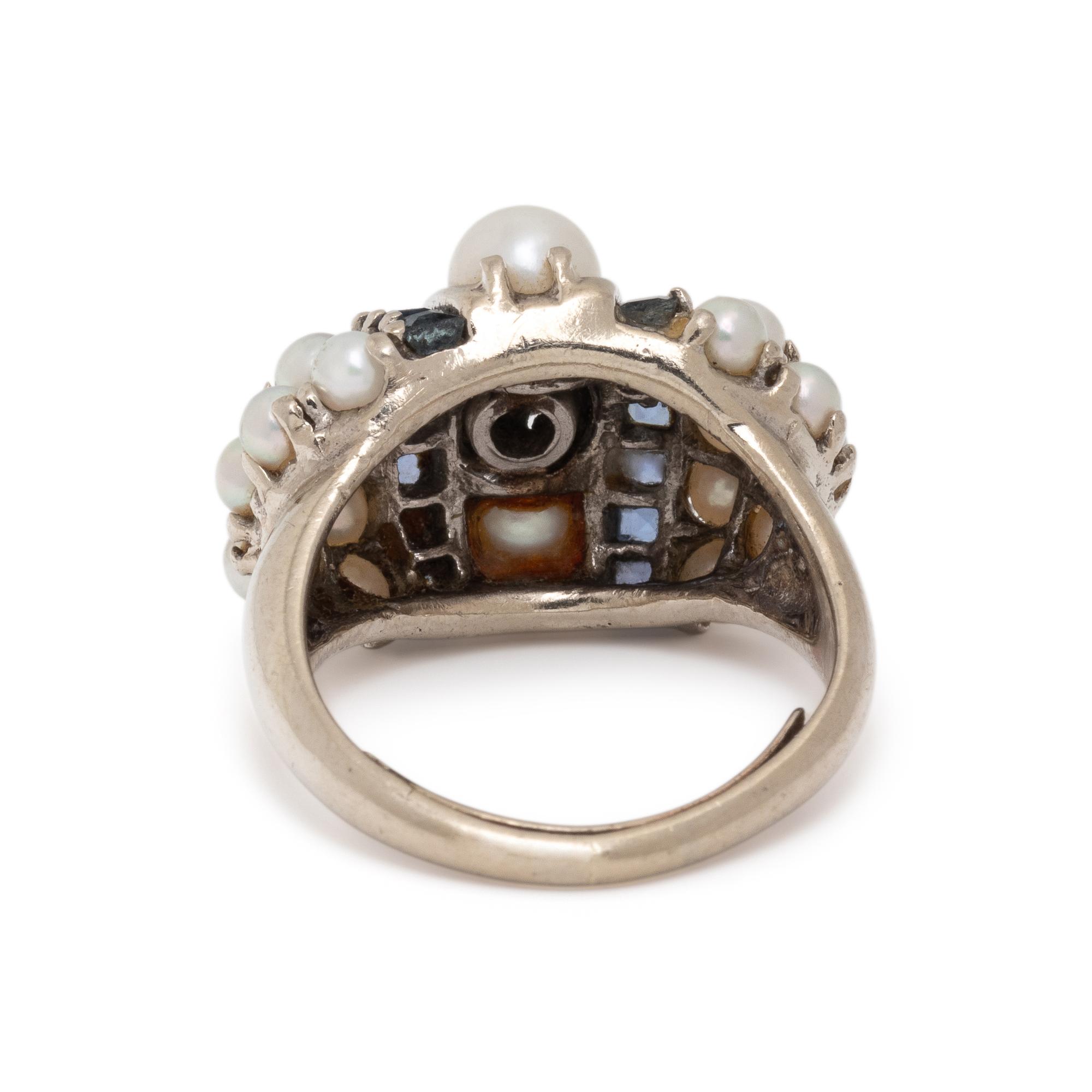 DIAMOND, SAPPHIRE, AND CULTURED PEARL RING