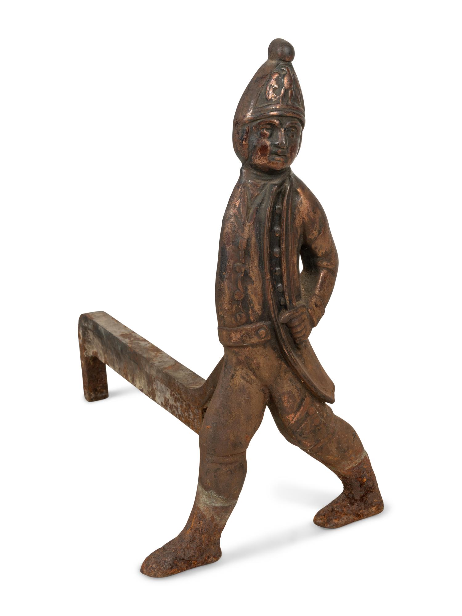 A Pair of Iron Andirons with Hessian Soldiers
