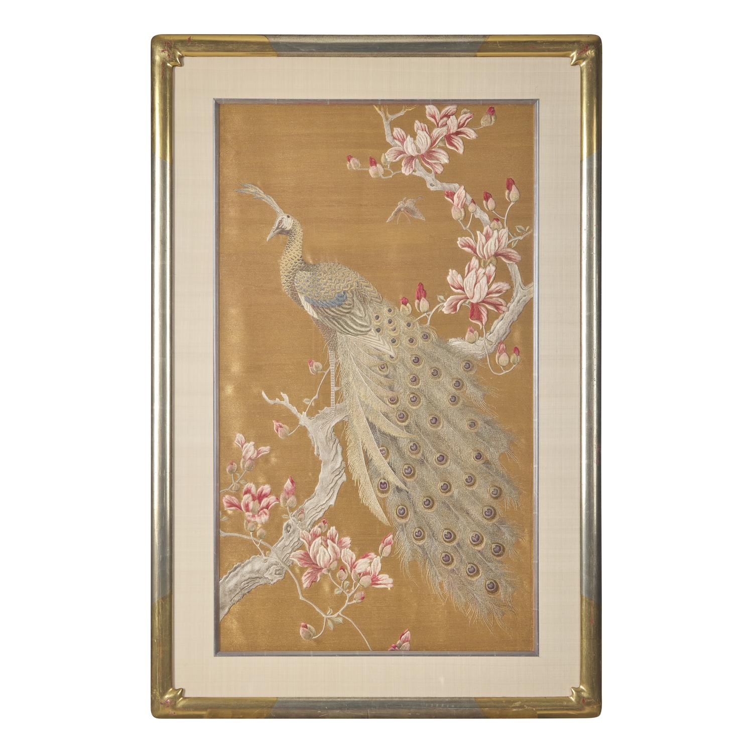 A Set of Four Finely Worked Japanese 'Birds and Flowers' Needlework Panels, Meiji Period 日本明治時期 織綉花鳥圖四幅