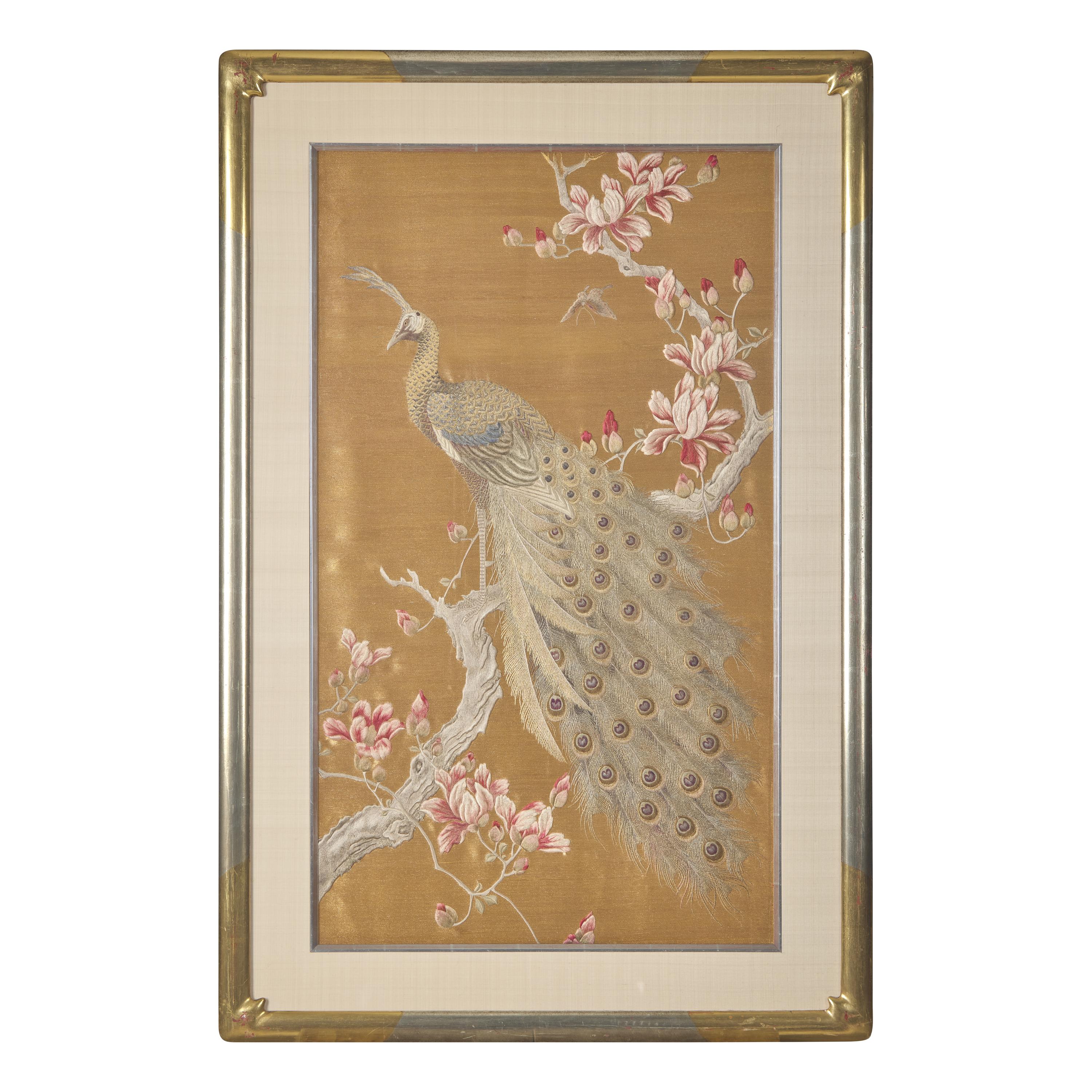 A Set of Four Finely Worked Japanese 'Birds and Flowers' Needlework Panels, Meiji Period 日本明治時期 織綉花鳥圖四幅