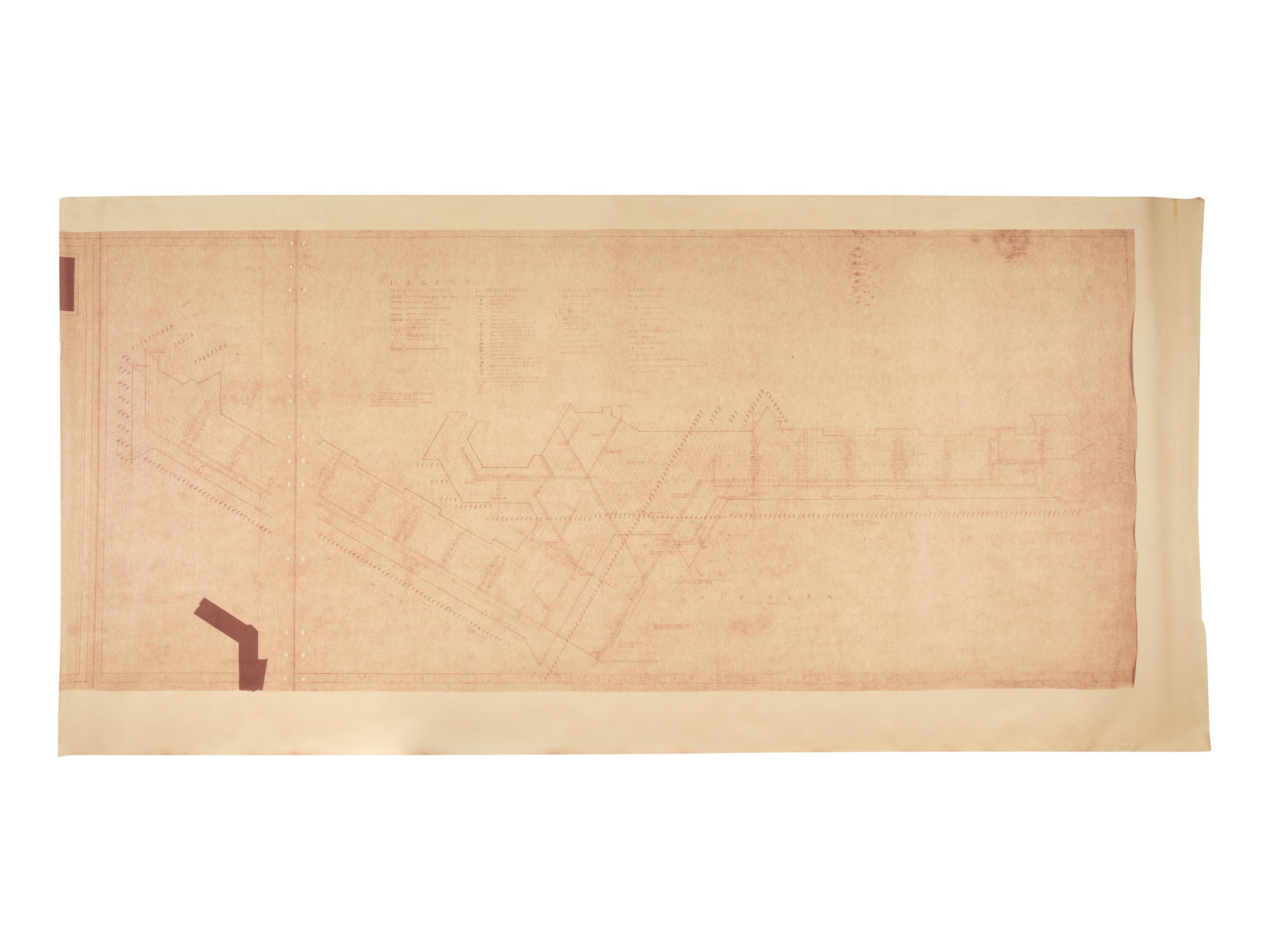 [FRANK LLOYD WRIGHT]. CARAWAY, Jesse "Carey." A group of architectural drawings, renderings, and blueprints relating to the Vigo Sunt House, San Marco in the Desert, and Usonian House. Comprising: