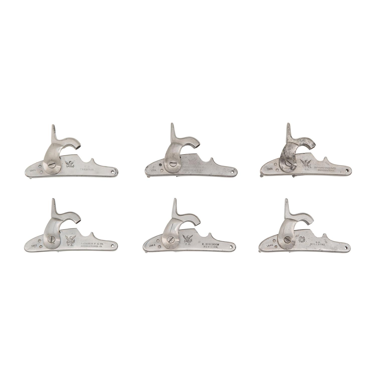 Six US Model 1861 Contract Rifle Musket Locks, Including: Providence Tool, Robinson & Milbury