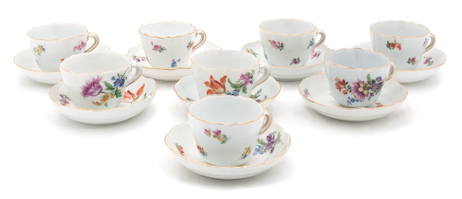 Eight Meissen Porcelain Teacups and Saucers Width of saucer 4 1/4 inches.