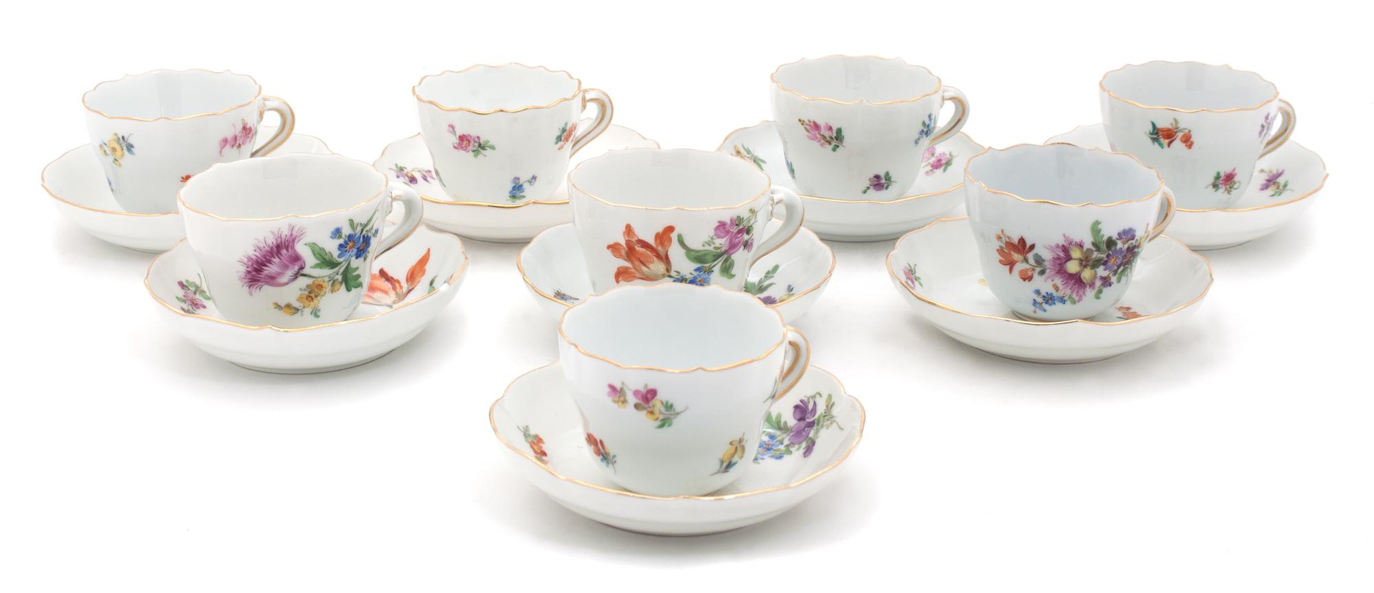 Eight Meissen Porcelain Teacups and Saucers Width of saucer 4 1/4 inches.