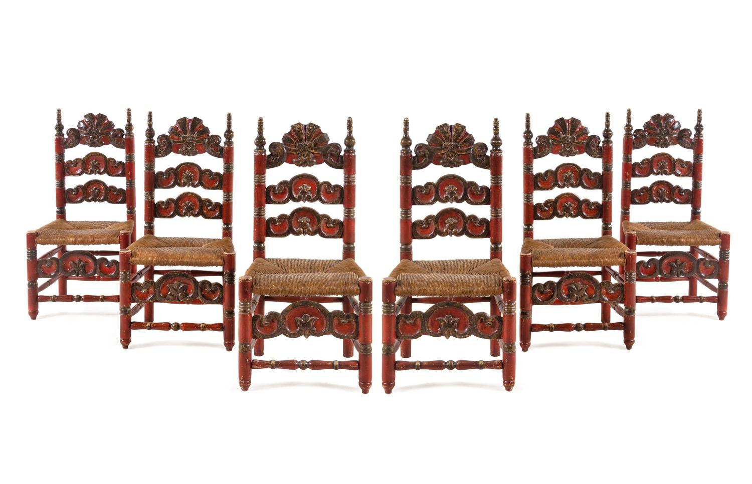 A Set of Six Continental Red and Black Painted Rush-Seat Dining Chairs