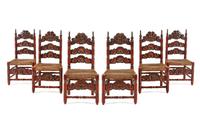 A Set of Six Continental Red and Black Painted Rush-Seat Dining Chairs