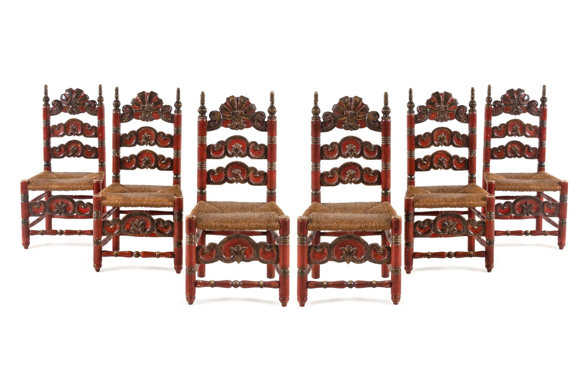 A Set of Six Continental Red and Black Painted Rush-Seat Dining Chairs