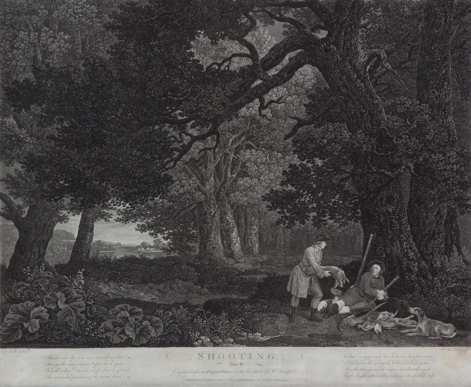 George STUBBS, after - William WOOLLETT, engraver Image 15 1/4 x 20 1/2 inches. — Shooting, Plate I-IV