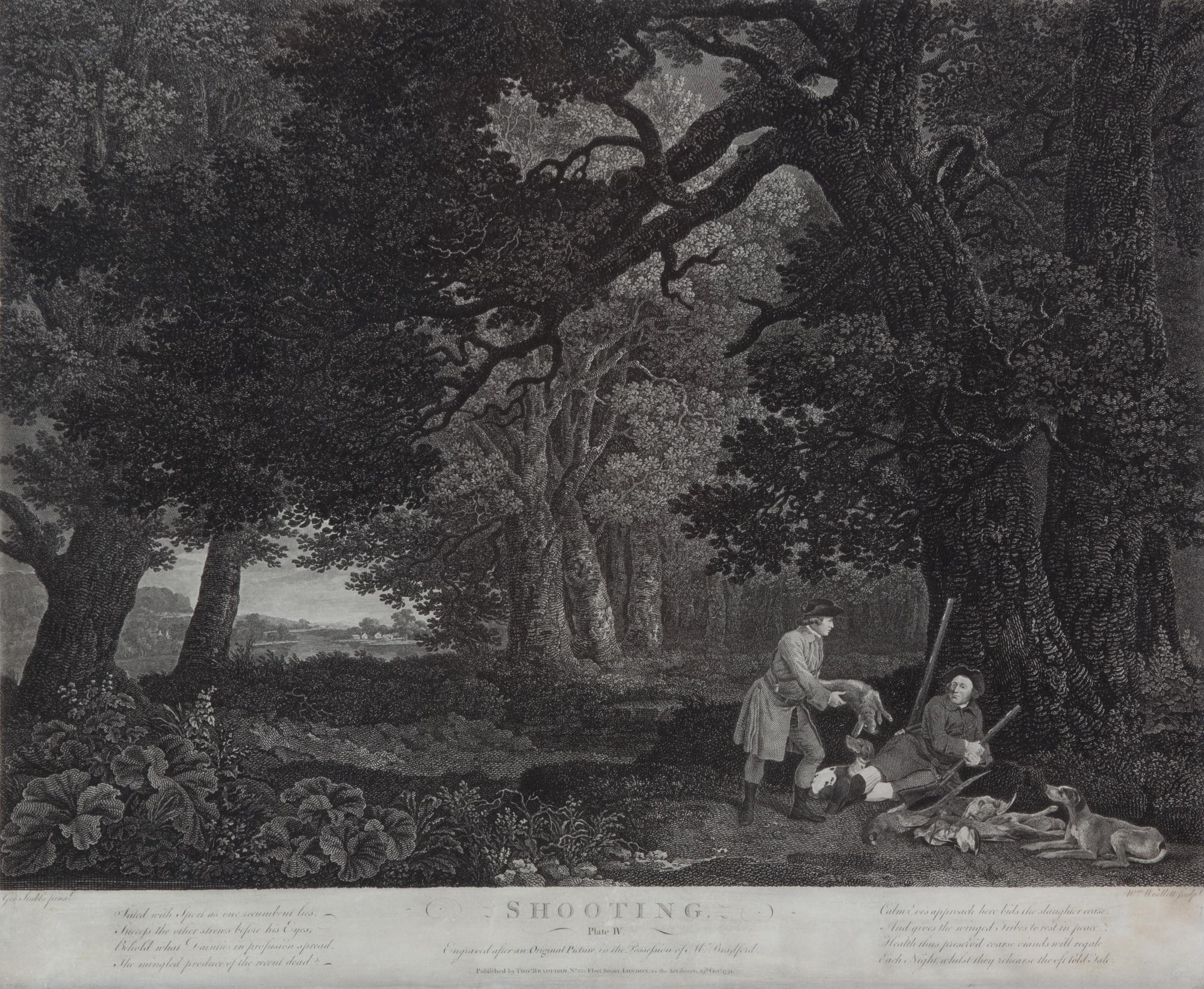 George STUBBS, after - William WOOLLETT, engraver Image 15 1/4 x 20 1/2 inches. — Shooting, Plate I-IV