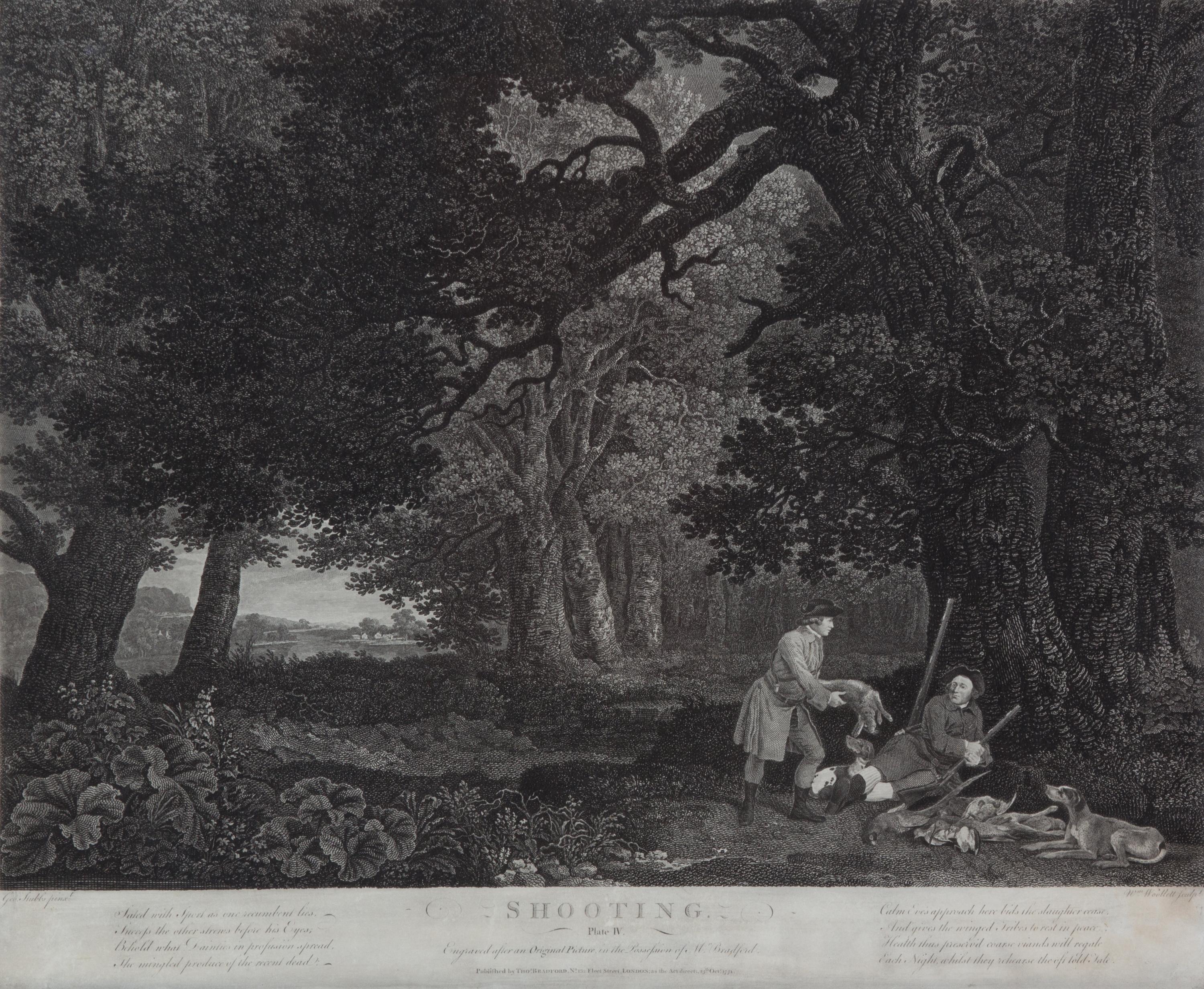 George STUBBS, after - William WOOLLETT, engraver Image 15 1/4 x 20 1/2 inches. — Shooting, Plate I-IV