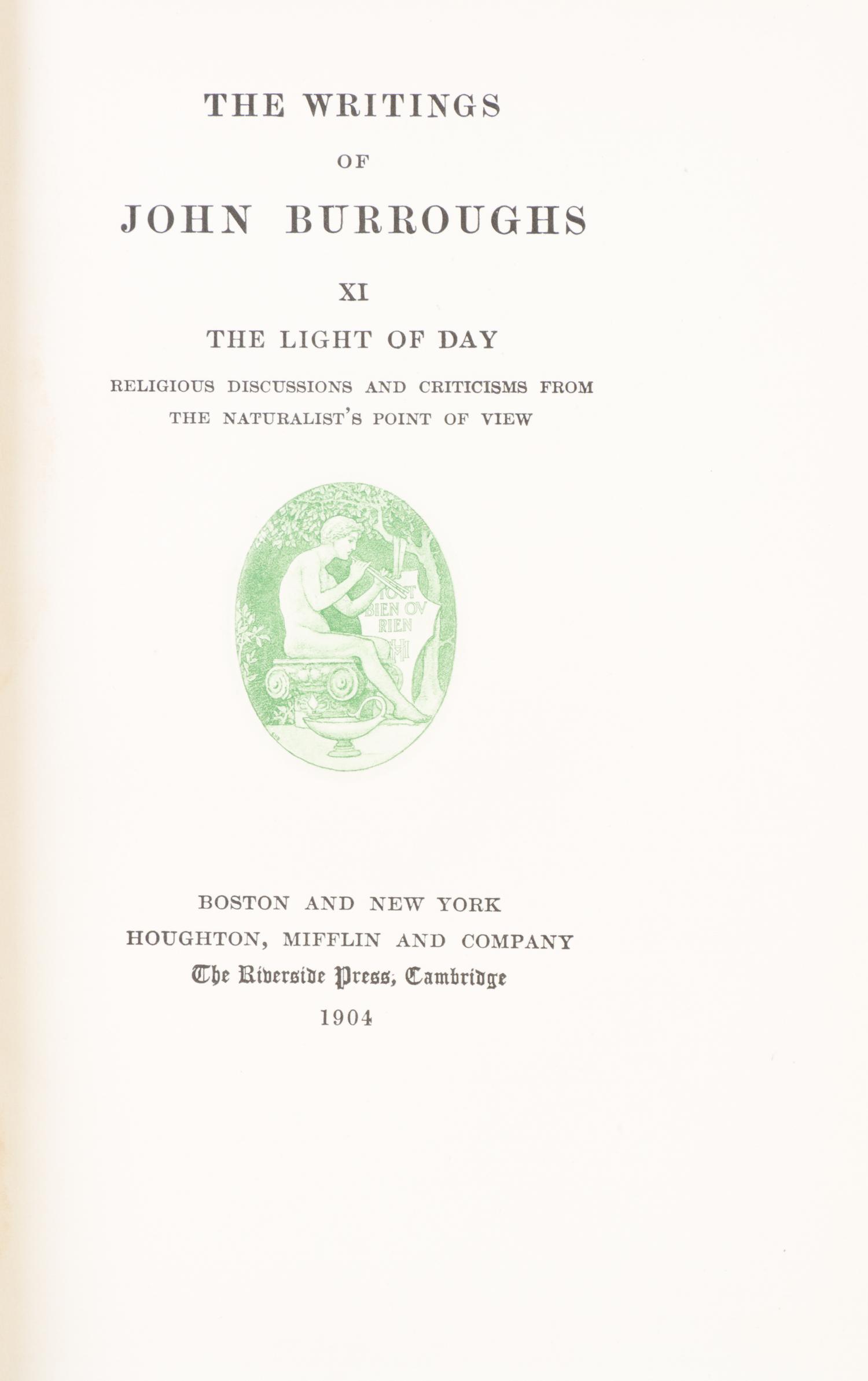 (BINDINGS) BURROUGHS, JOHN. The Writings of John Burroughs. Boston, NY; Cambridge, 1904. 19 vols. Autograph ed.