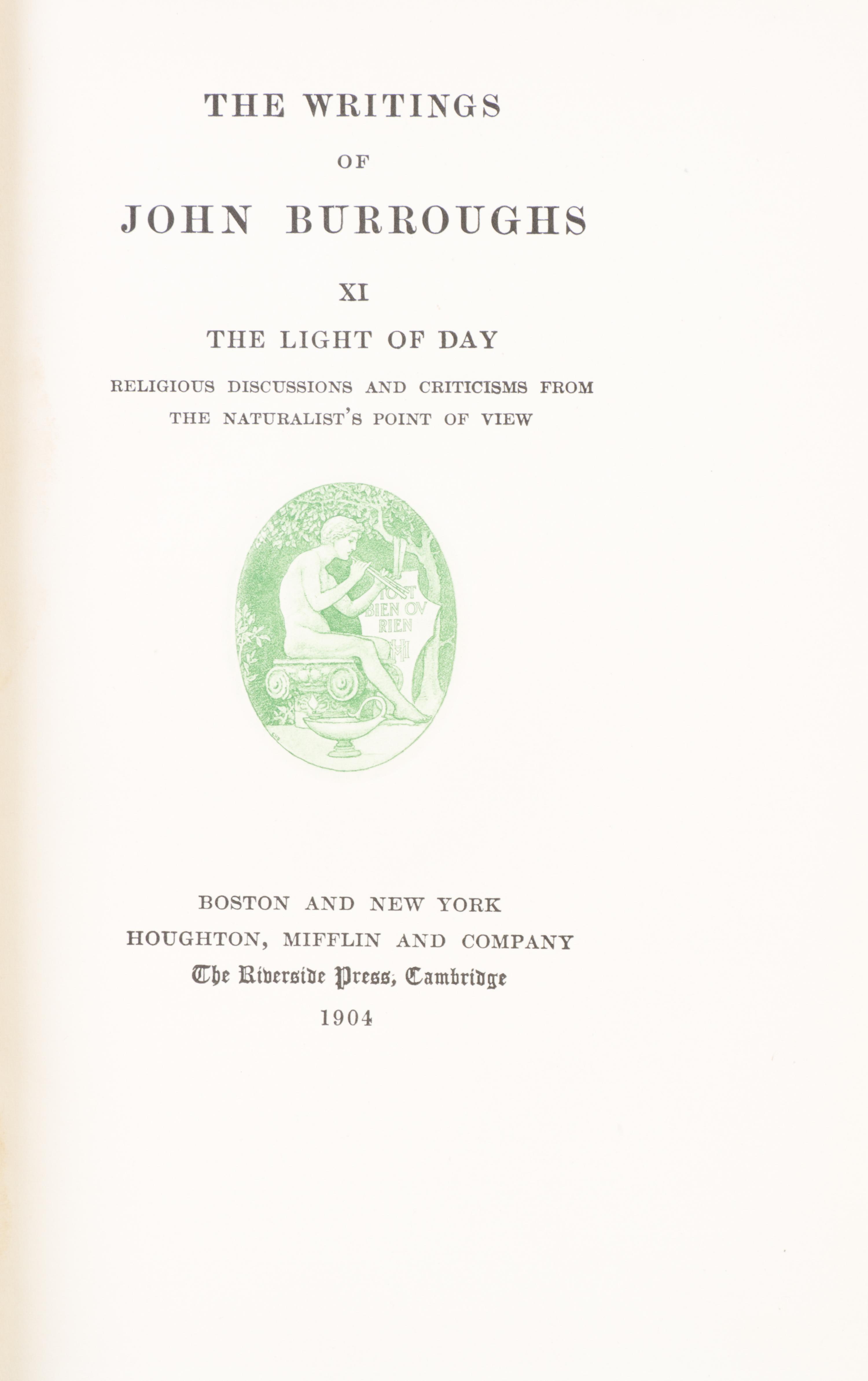 (BINDINGS) BURROUGHS, JOHN. The Writings of John Burroughs. Boston, NY; Cambridge, 1904. 19 vols. Autograph ed.