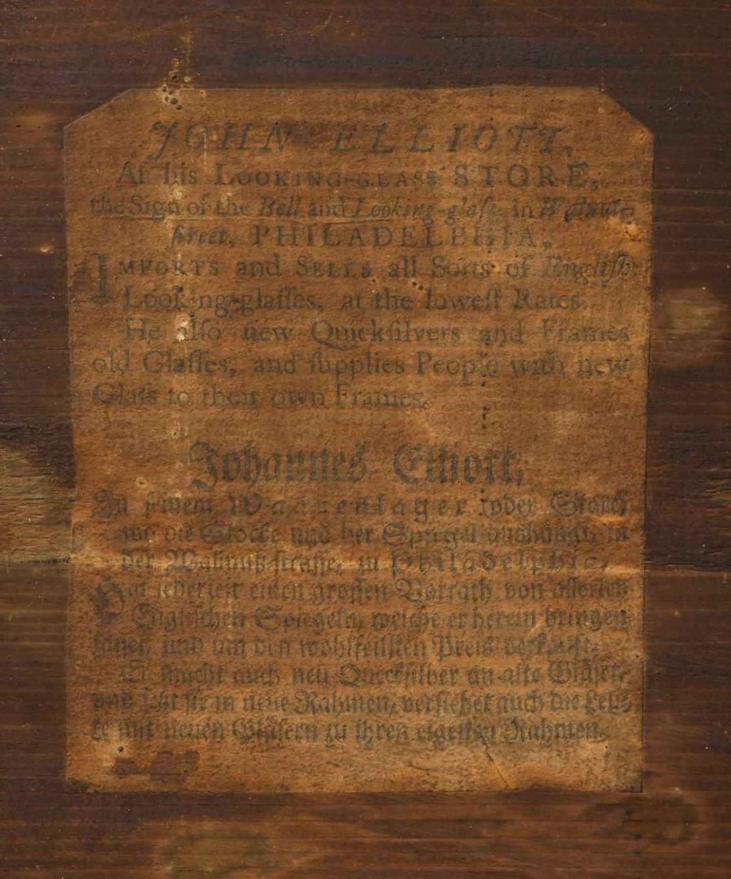 Chippendale mahogany and giltwood looking glass bearing printed label of john elliott (1713-1791), philadelphia, pa