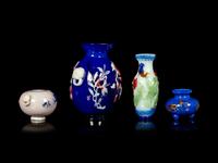 Four Chinese Polychrome Overlay Glass Articles