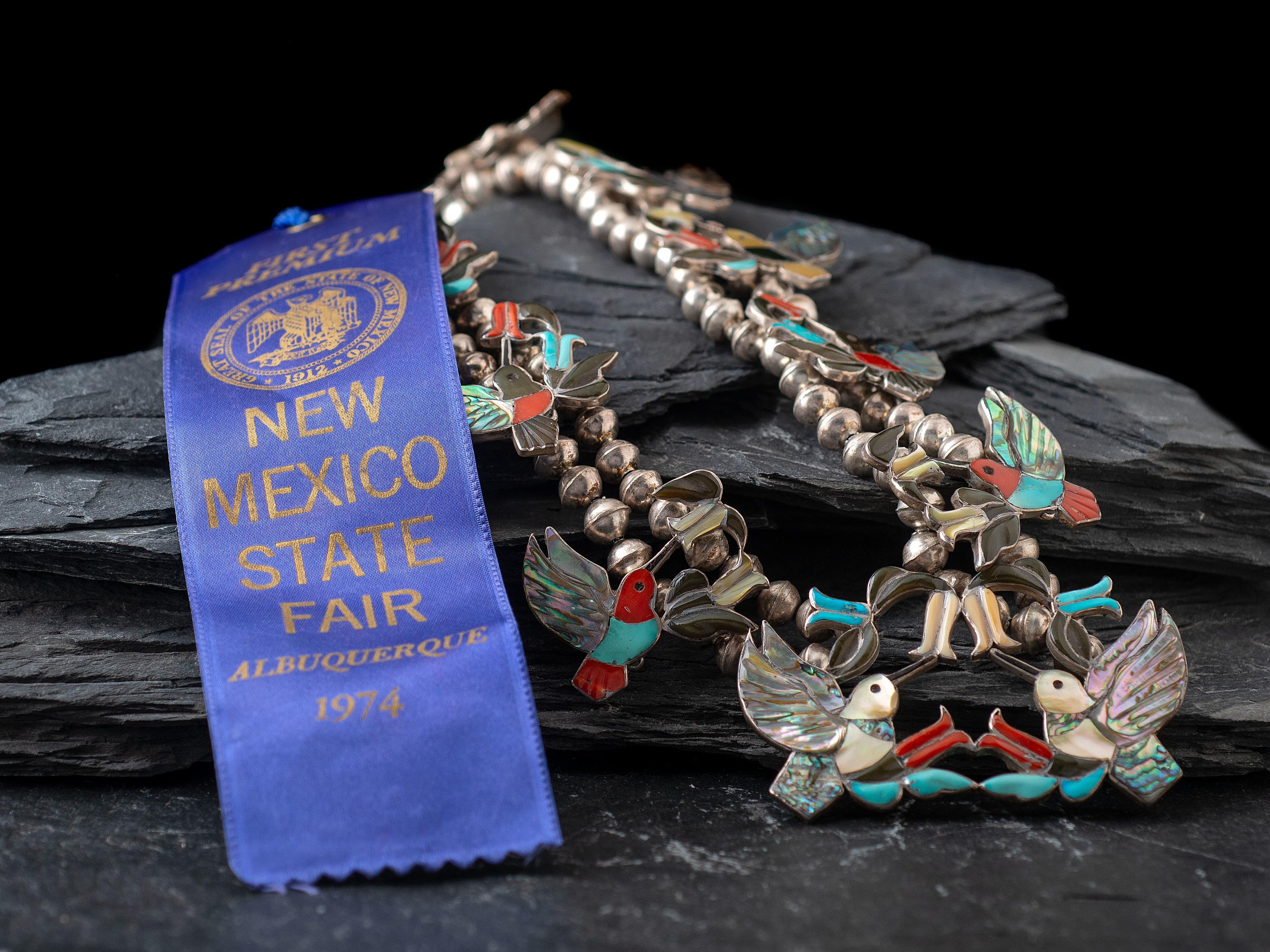 Award Winning Mosaic Inlay Hummingbird Squash Blossom Necklace