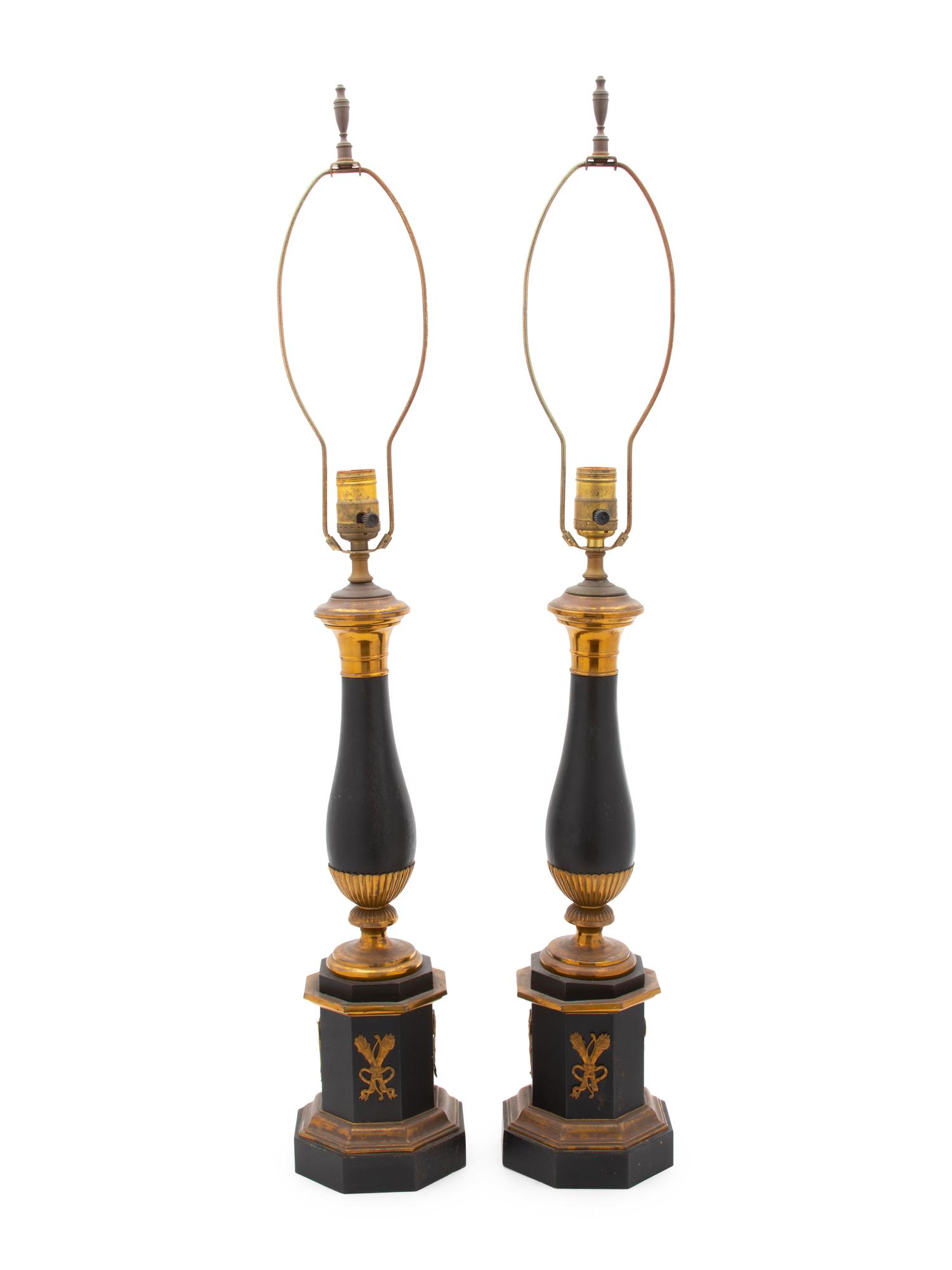 A Pair of Empire Style Ebonized and Gilt Metal Table Lamps