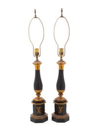 A Pair of Empire Style Ebonized and Gilt Metal Table Lamps