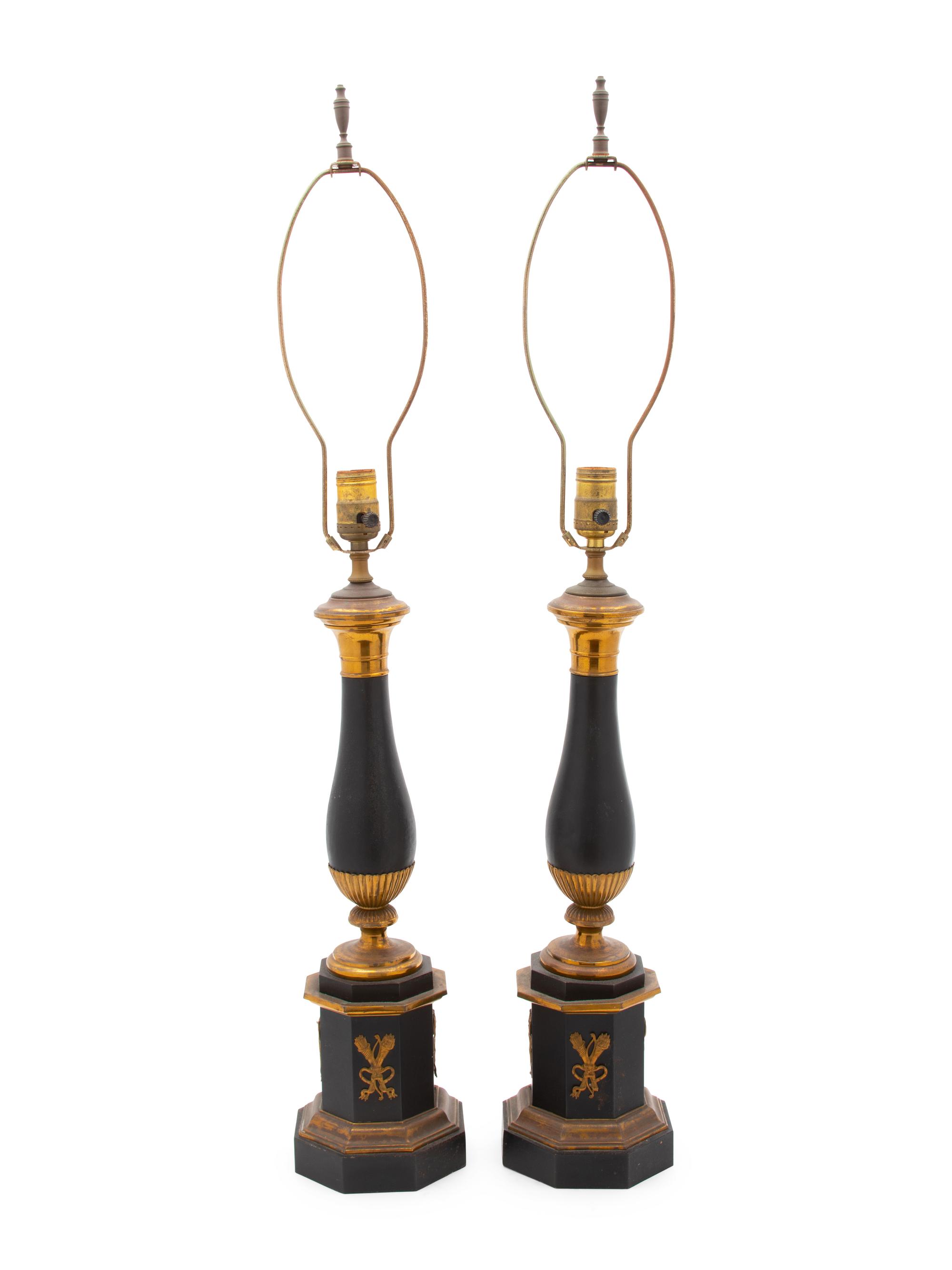 A Pair of Empire Style Ebonized and Gilt Metal Table Lamps