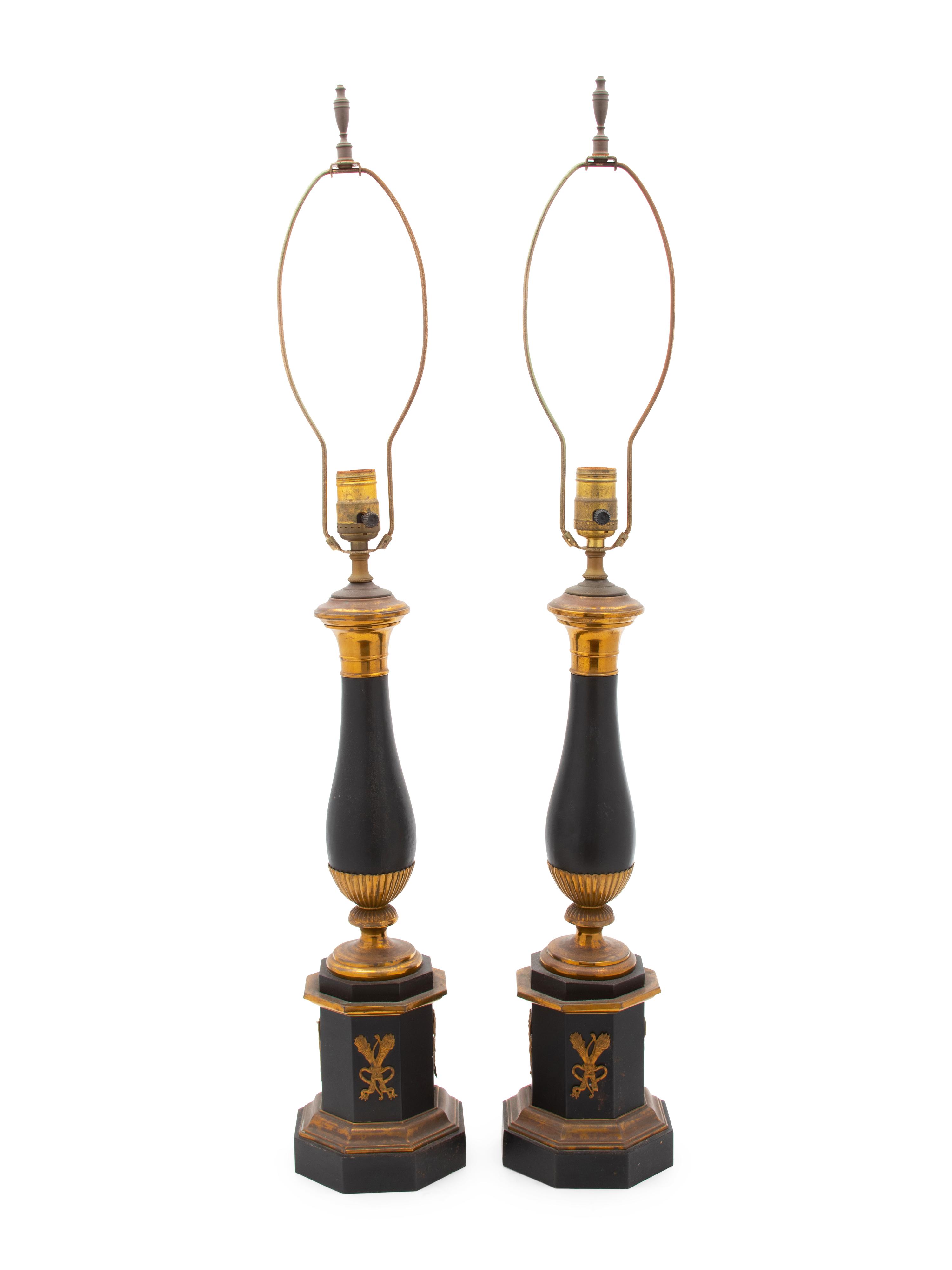 A Pair of Empire Style Ebonized and Gilt Metal Table Lamps