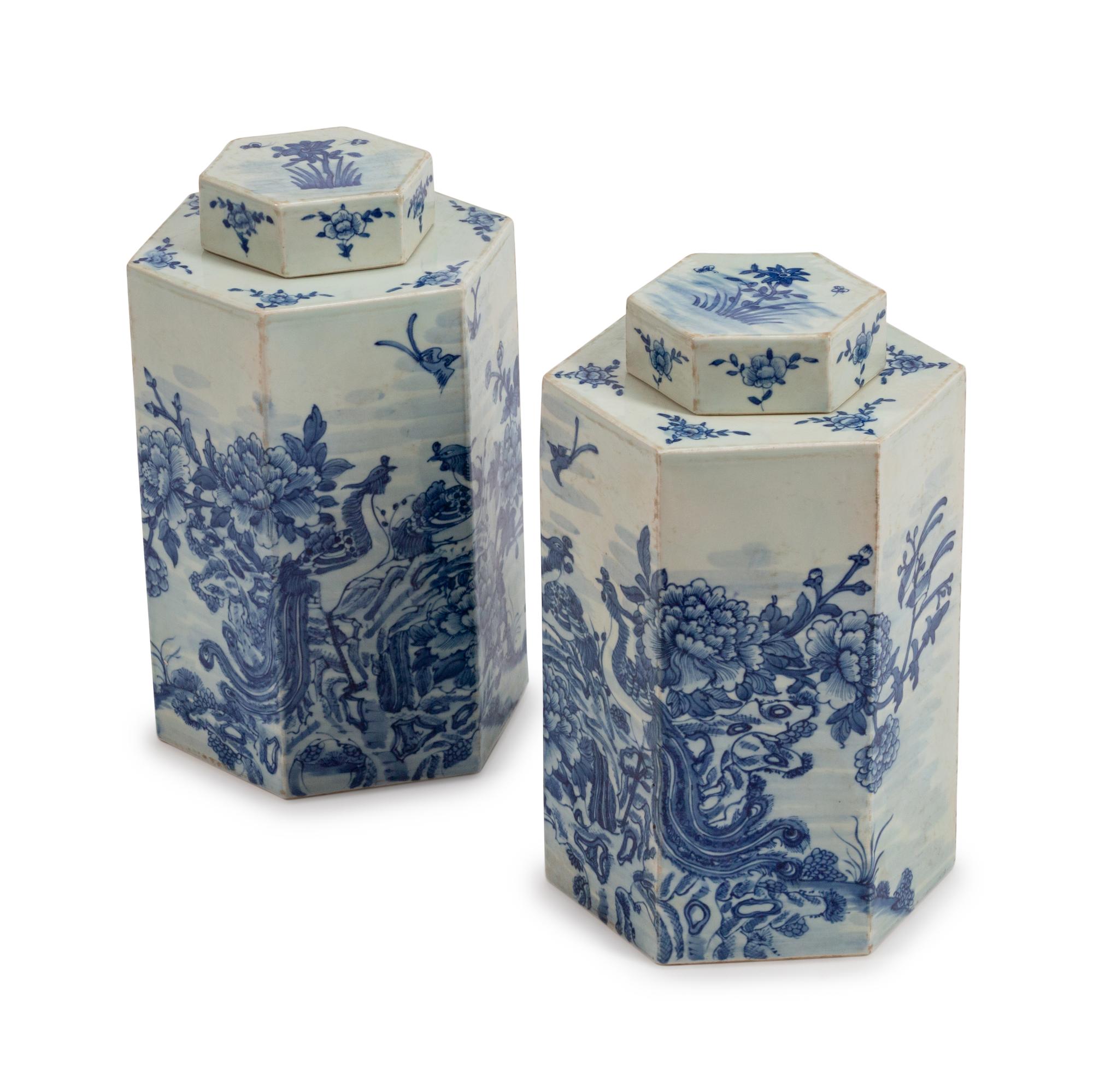 A Pair of Chinese Porcelain Hexagonal Tea Cannisters and Covers