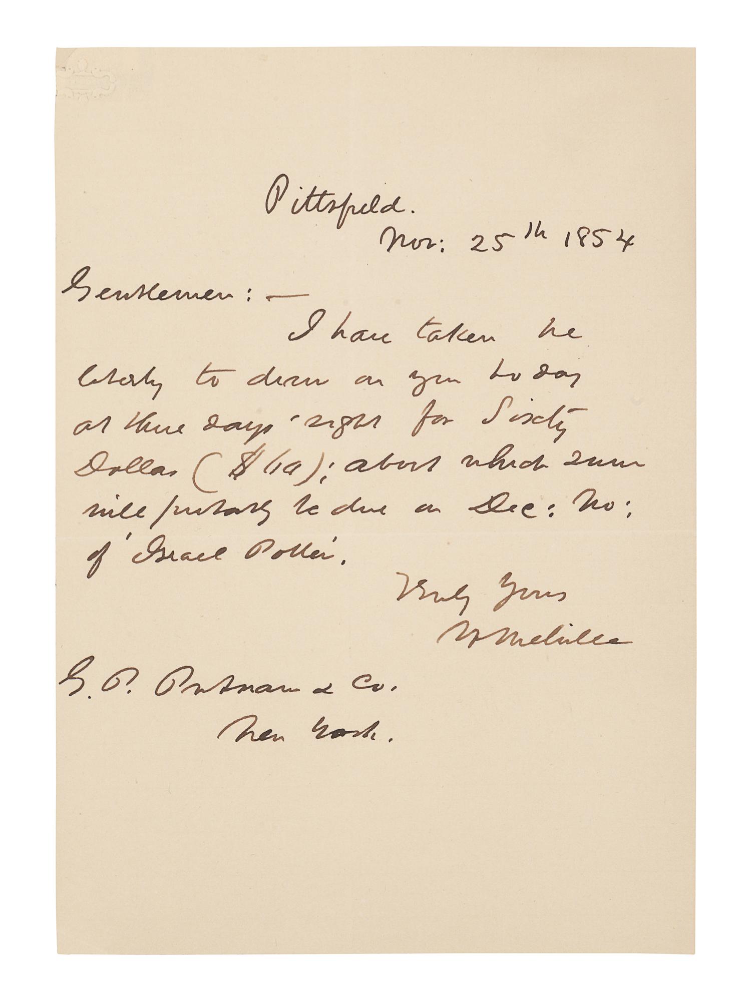 MELVILLE, Herman (1819-1891). Autograph letter signed ("H. Melville”), to his publisher George P. Putnam. Pittsfield [MA], 25 November 1854. One page, 8vo (171 x 121 mm). (Tiny chip at upper left corner repaired, otherwise fine.)