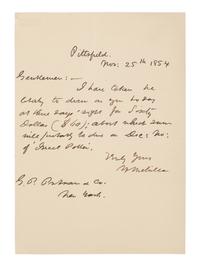 MELVILLE, Herman (1819-1891). Autograph letter signed ("H. Melville”), to his publisher George P. Putnam. Pittsfield [MA], 25 November 1854. One page, 8vo (171 x 121 mm). (Tiny chip at upper left corner repaired, otherwise fine.)