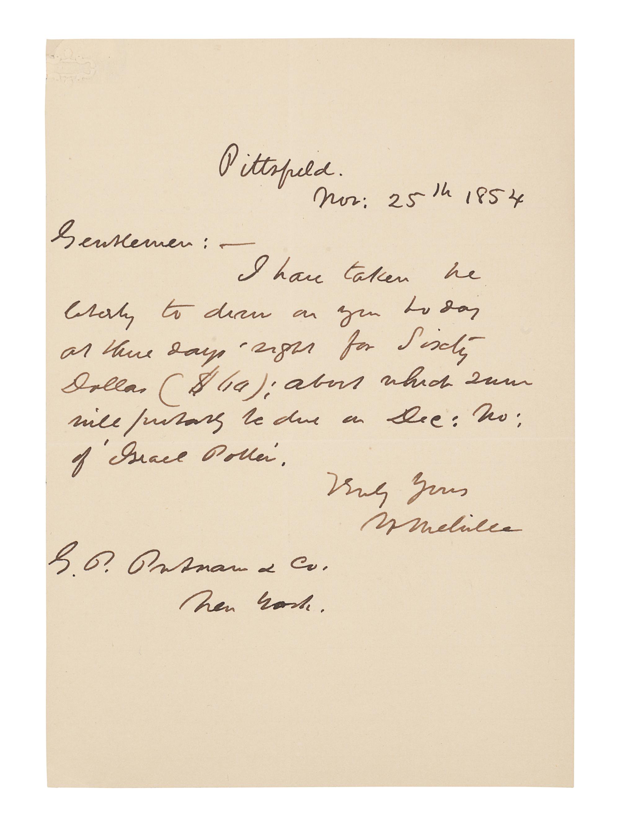 MELVILLE, Herman (1819-1891). Autograph letter signed ("H. Melville”), to his publisher George P. Putnam. Pittsfield [MA], 25 November 1854. One page, 8vo (171 x 121 mm). (Tiny chip at upper left corner repaired, otherwise fine.)