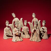 A Group of Seven Chinese Painted Pottery Figures of Musicians and Dancers, Sui-Tang Dynasty — 隋-唐 彩繪陶伎樂舞俑一組七件