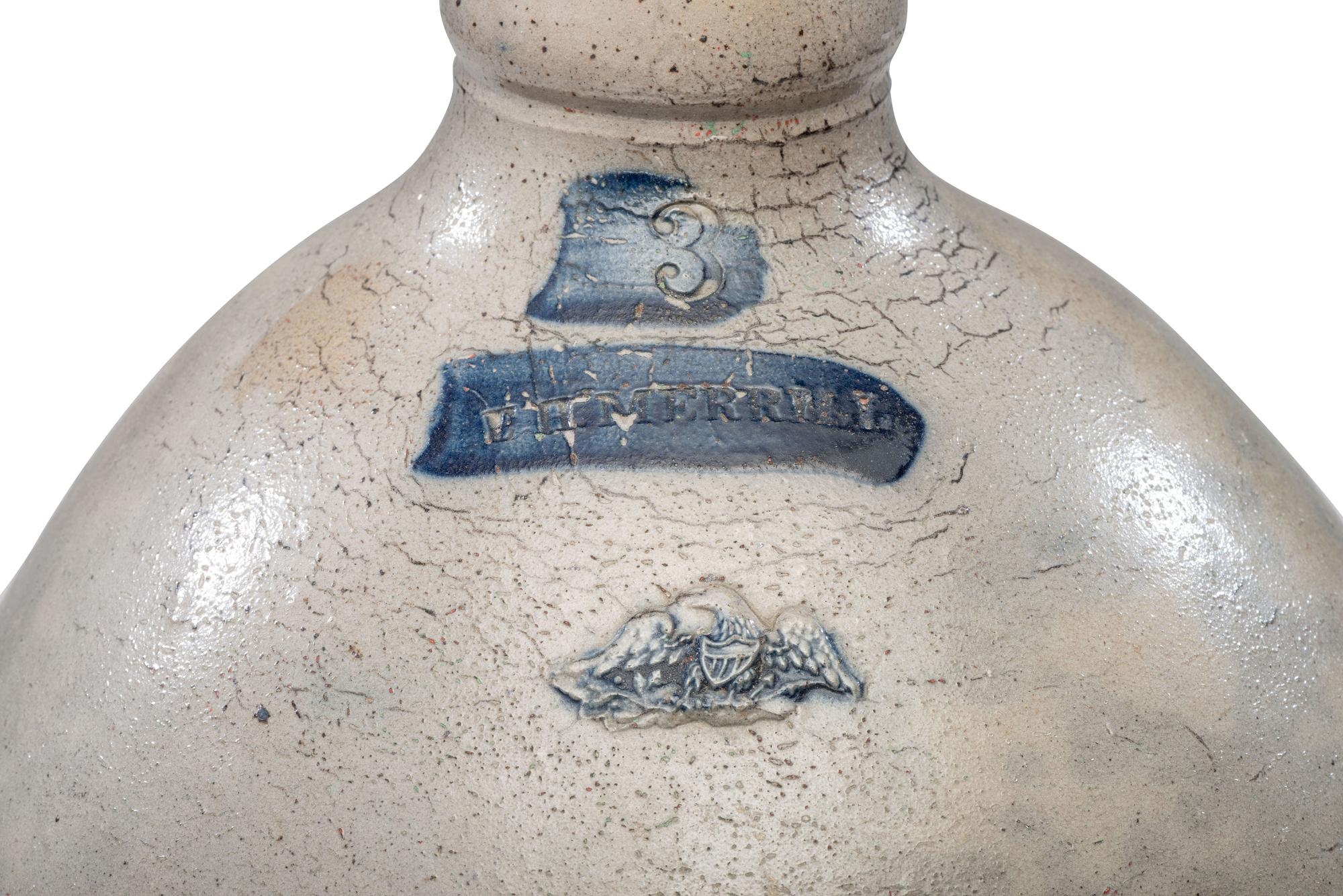 An E.H. Merrill Three-Gallon Stoneware Jug with Applied Eagle
