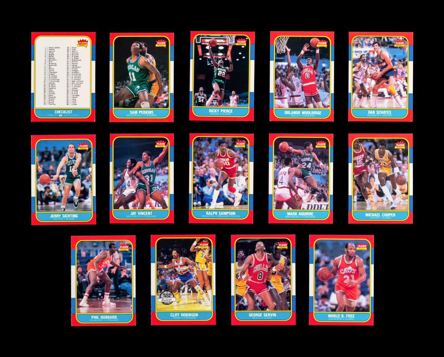 A Group of 54 1986 Fleer Basketball Cards, Including a Patrick Ewing Rookie No. 32, and Two Stickers