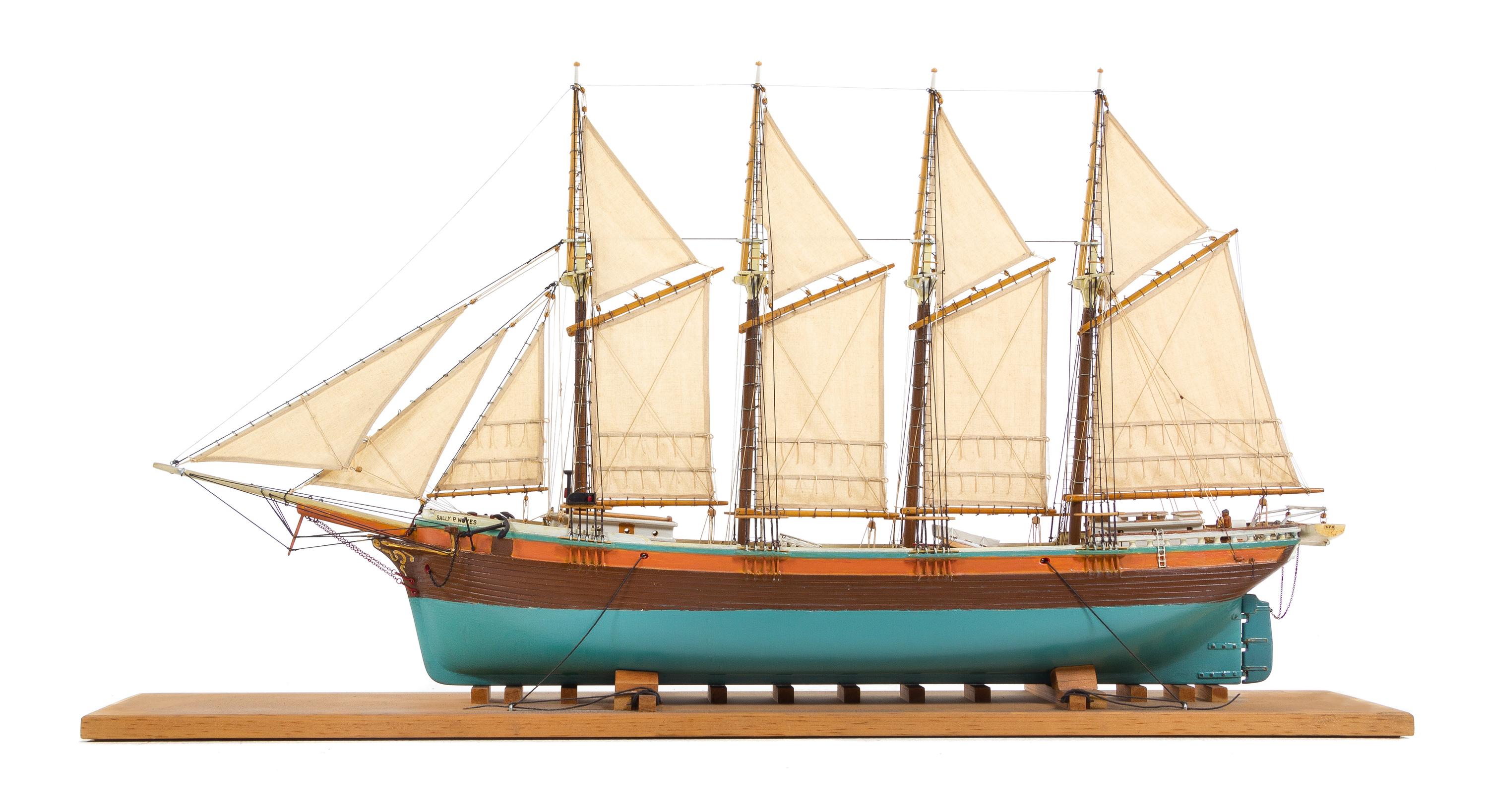 A Model of the 1917 Four-Masted Schooner "Sally P. Noyes" Height 14 1/2 x length of base 28 inches.
